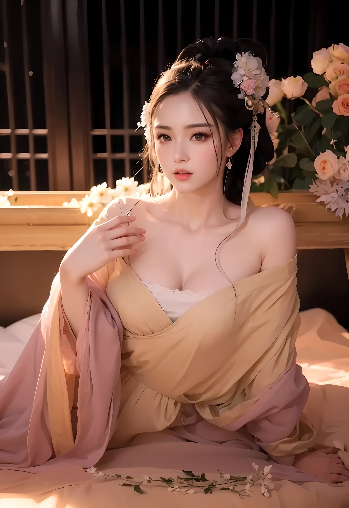 ulzzang-6500-v1.1,(raw photo:1.2),((photorealistic:1.4))best quality,masterpiece, illustration, an extremely decision and beautiful, extremely detailed,CG,unity,8k wallpaper, Amazing, finely detail, masterpiece, best quality, official art, very detailed CG unified 8k wallpaper, ridiculous, incredibly ridiculous, huge file size, super detailed, high resolution, very detailed, beautiful detailed girl, very detailed eyes and face, beautiful detailed eyes, light on face, movie lights, ((sexy hanfu)), 1girl, full body, full body photo, see-through, looking at the audience, ((gray hair)), huge breasts, lying on bed