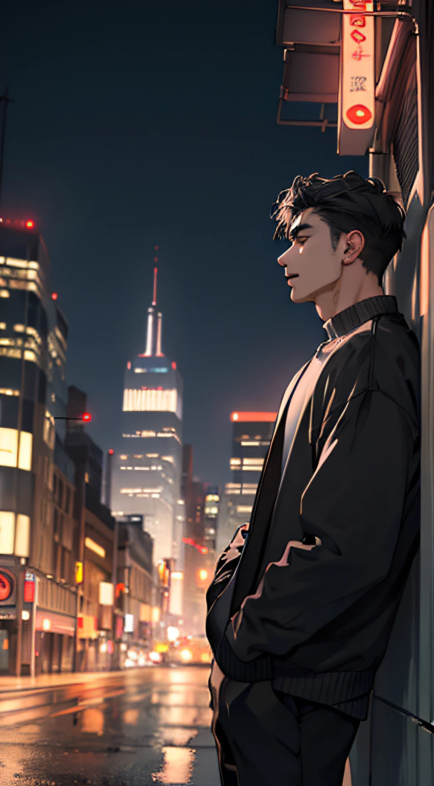 1man,masterpiece,best quality, ultra high res, dusk,cityscape,depth of field, short black messy hair, solo male