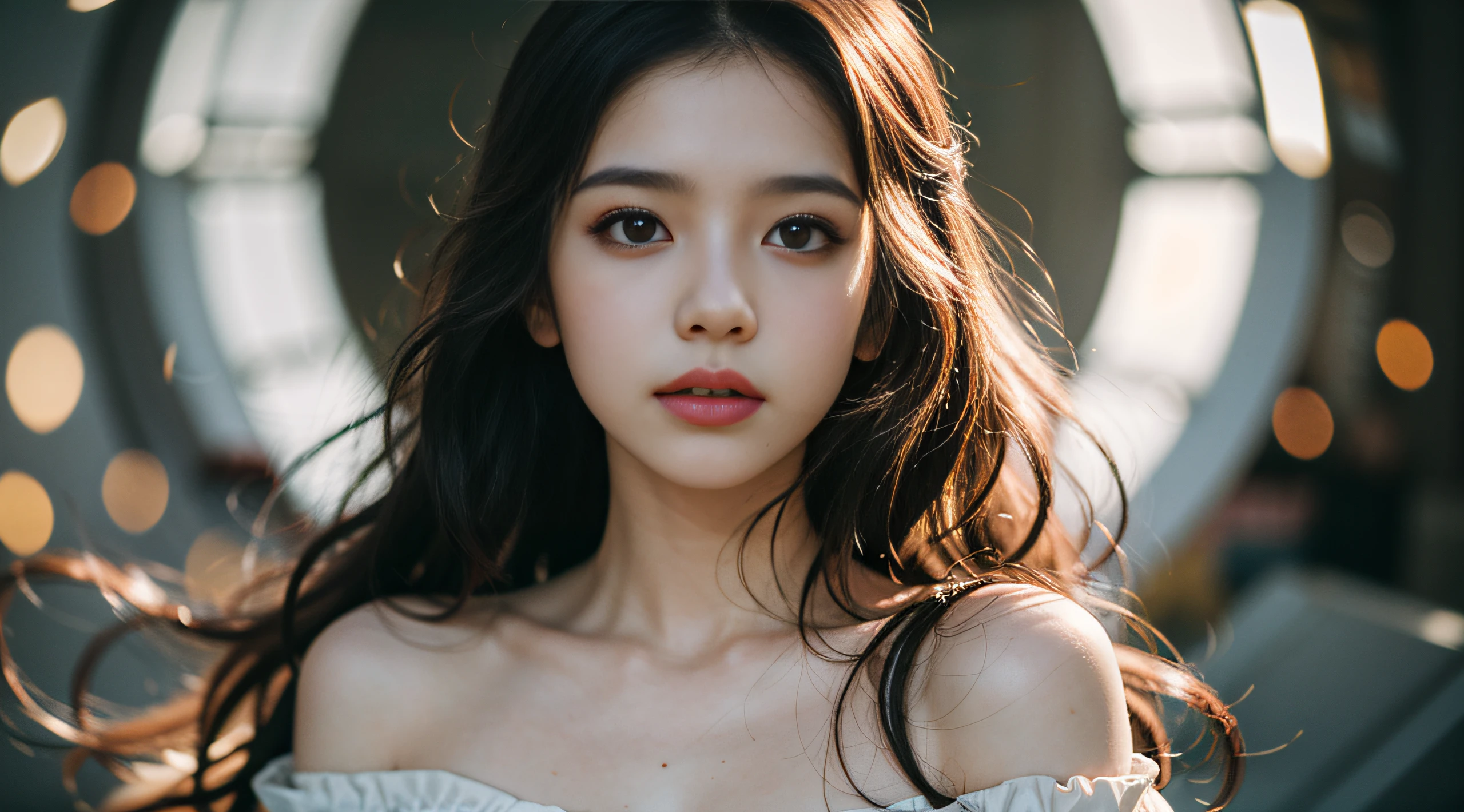 film portrait photography, 1girl, bare shoulders, wavy shoulder-length hair, serene, calm, (realistic detailed eyes, natural skin texture, realistic face details), soft dramatic lighting, depth of field, bokeh, vibrant details, finely detailed, hyperrealistic, 35mm film, hazy blur
