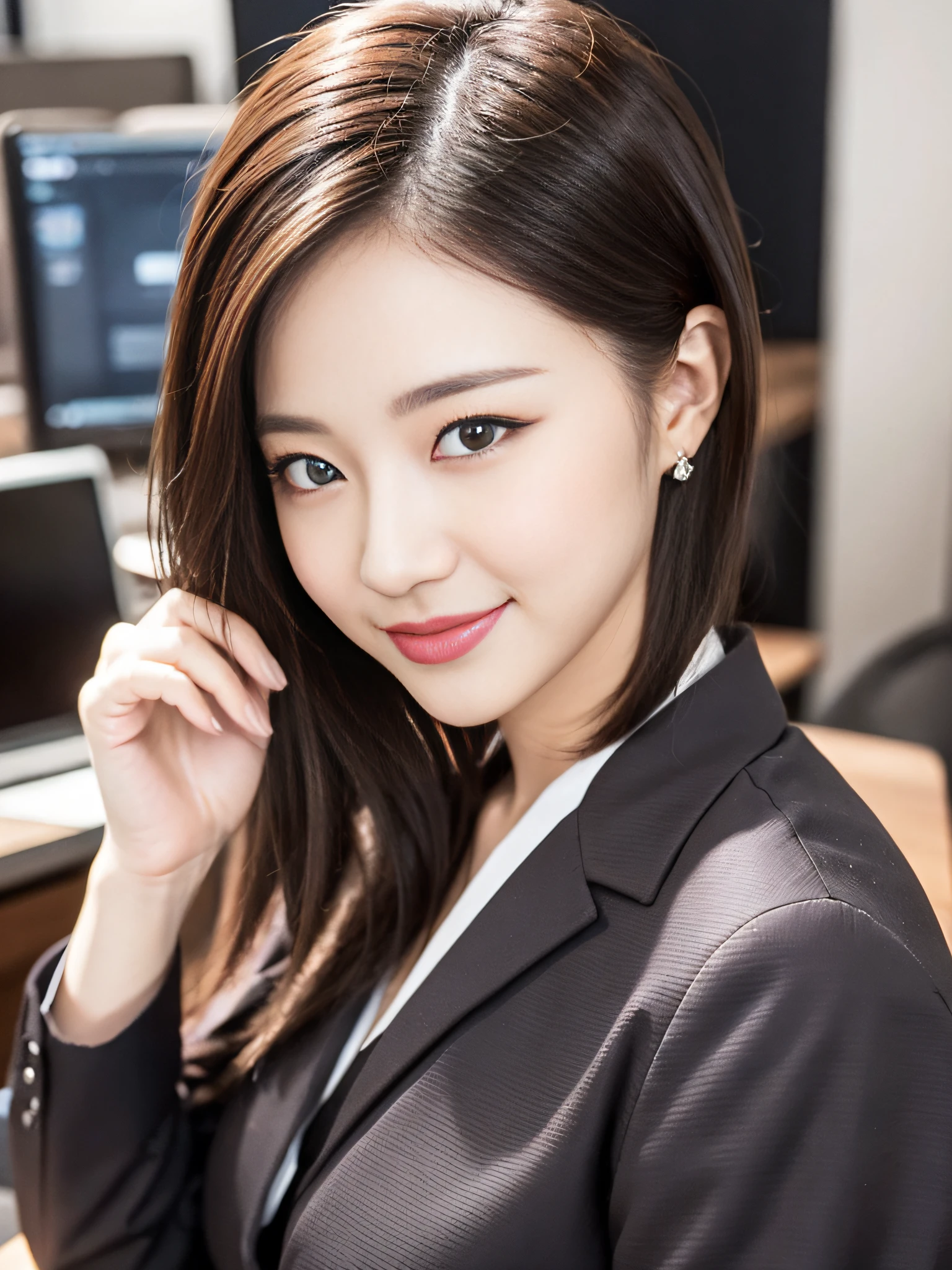 Working at Desk, High Quality, Ultra Realistic, Short Cut, Office Lady, Smart Formal, Makeup, Smile, Beautiful Eyes, Beautiful and Accurate Face, Beautiful Hands, Office Background
