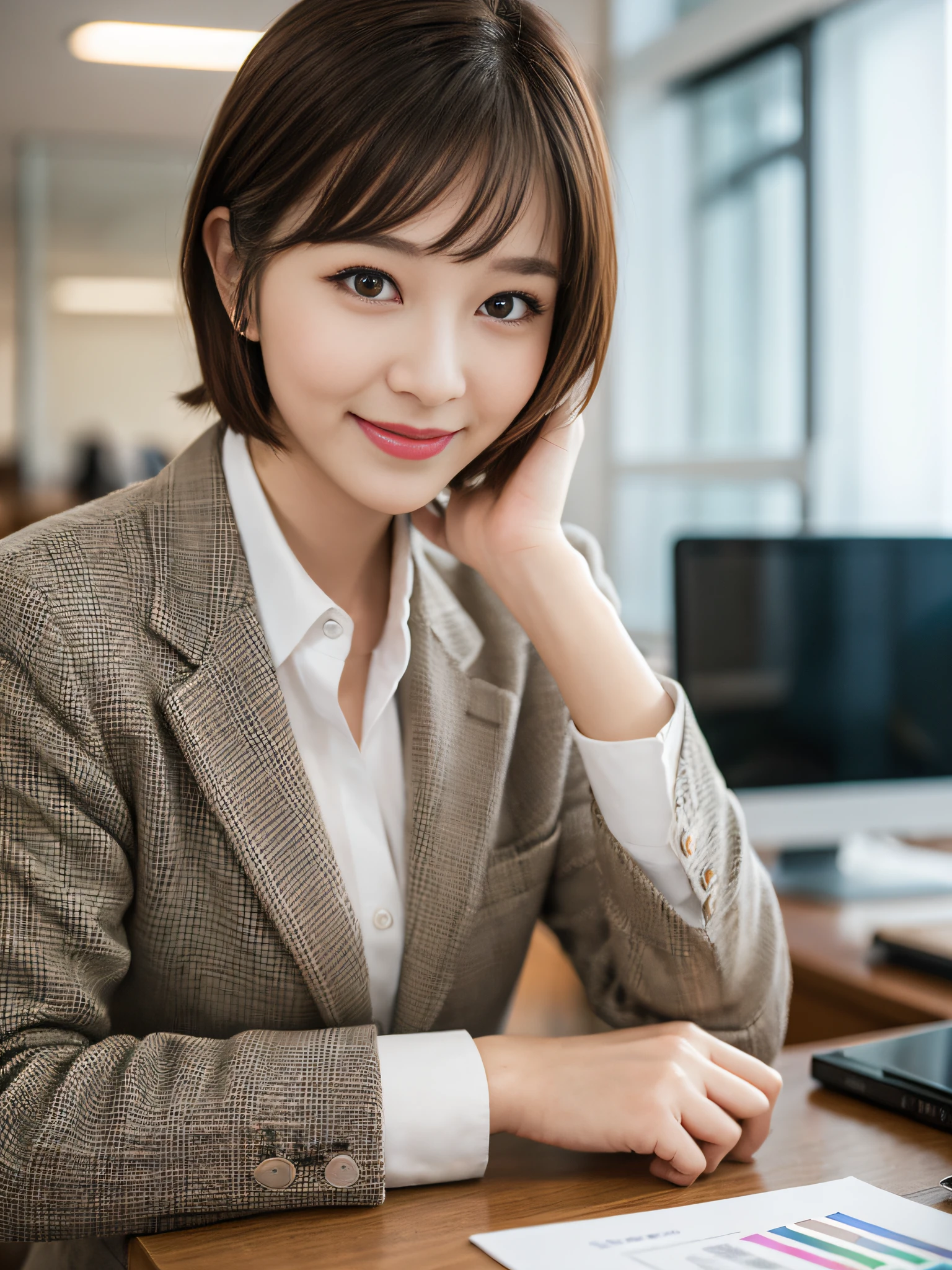 Working at Desk, High Quality, Ultra Realistic, Short Cut, Office Lady, Smart Formal, Makeup, Smile, Beautiful Eyes, Beautiful and Accurate Face, Beautiful Hands, Office Background