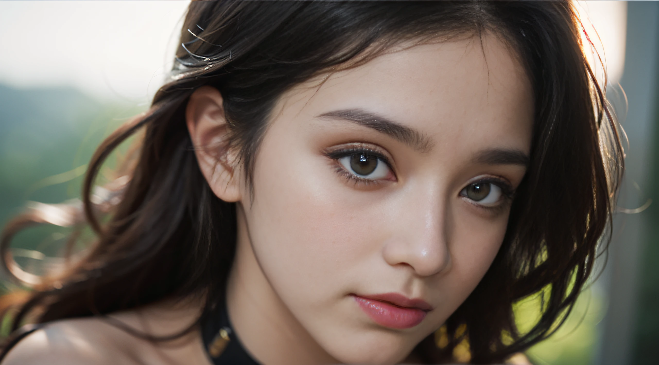 film portrait photography, 1girl, bare shoulders, wavy shoulder-length hair, serene, calm, (realistic detailed eyes, natural skin texture, realistic face details), soft dramatic lighting, depth of field, bokeh, vibrant details, finely detailed, hyperrealistic, 35mm film, hazy blur