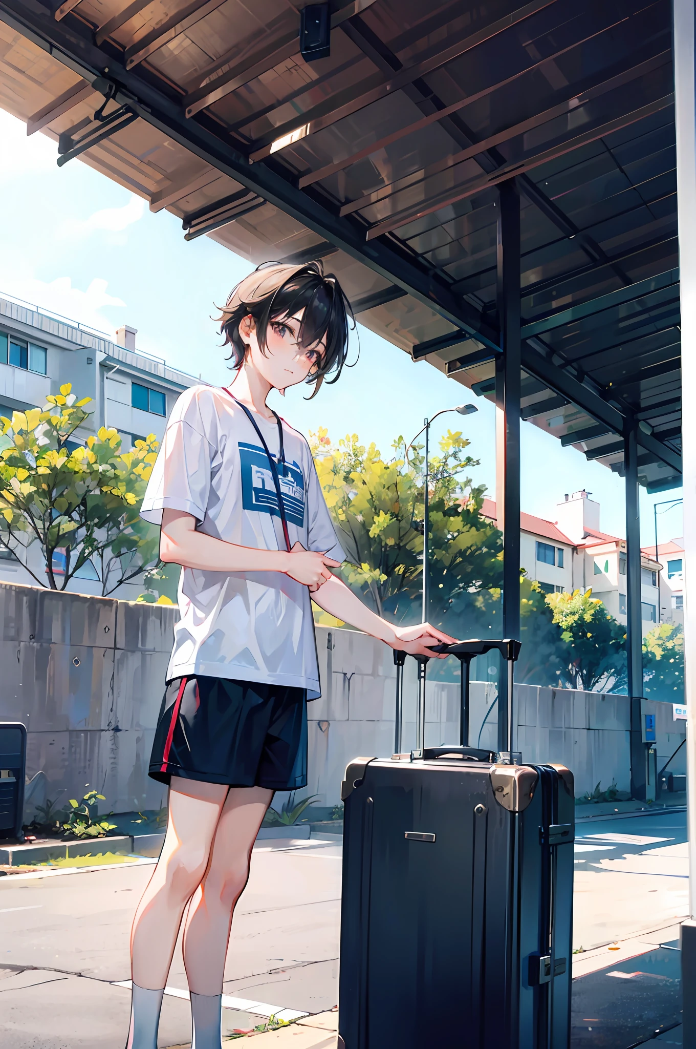 (Male: 3), short sleeves, shorts, standing in front of the dormitory building, pulling suitcase: 1.5