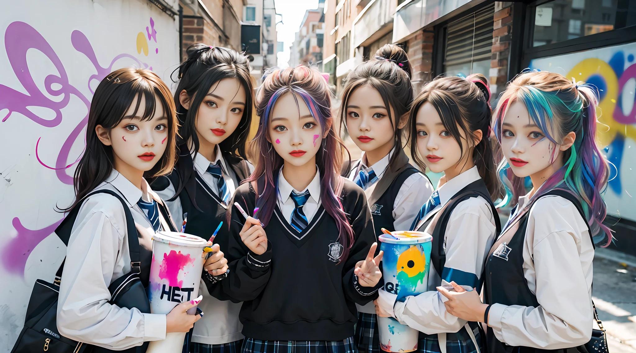 girl, beautiful detailed eyes, colorful, vivid colors, ((7girls: 1.5)), absurdity, top quality, striped hair, schoolgirl, latest fashion, (graffiti: 1.25), paint splatter, iridescent hair, paint on body
