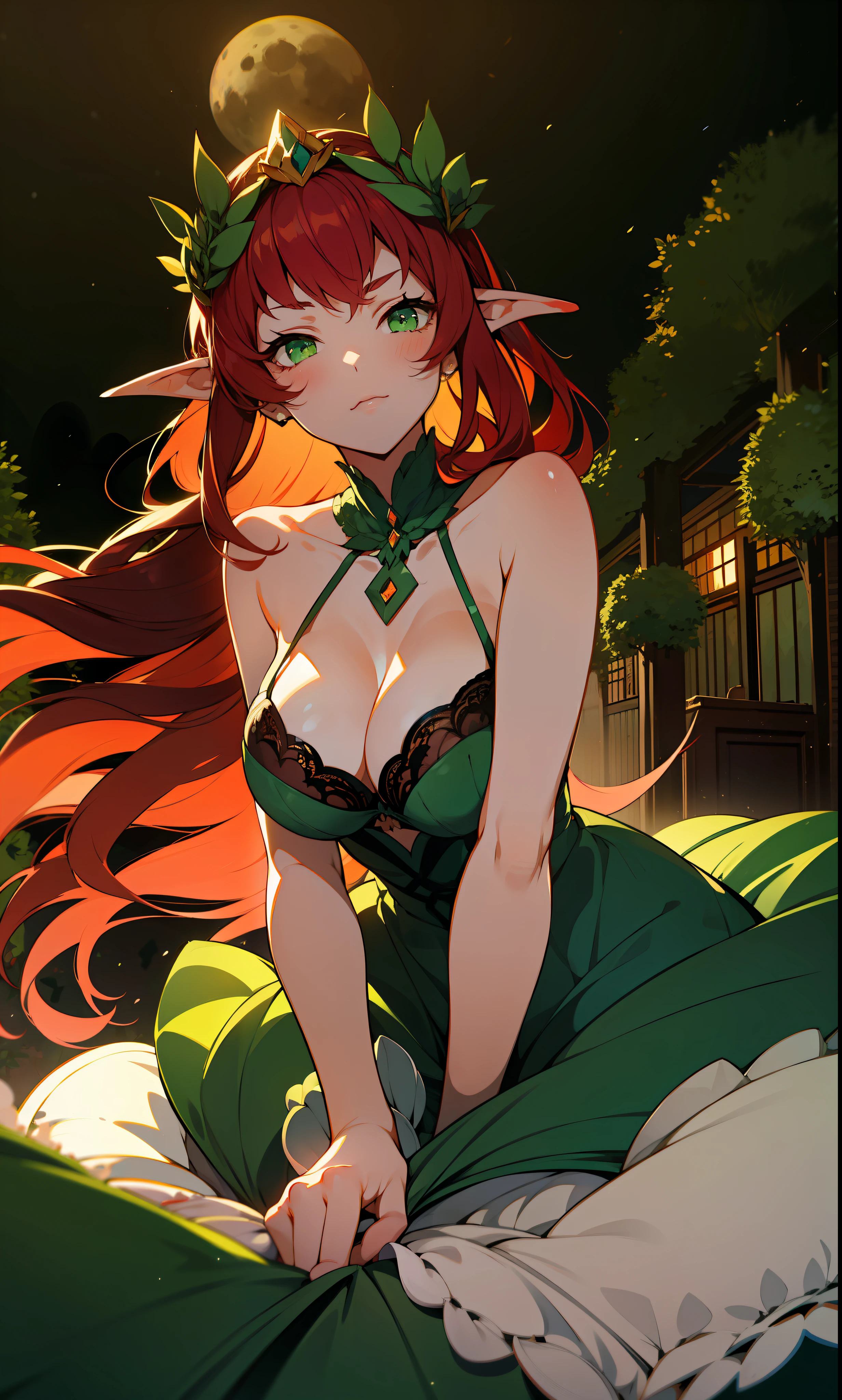 Green princess dress, 1girl, red hair, green eyes, garden background, yellow moon, corridor, from front, lingerie only, dark green lingerie, garter belt, facing viewer, front view,