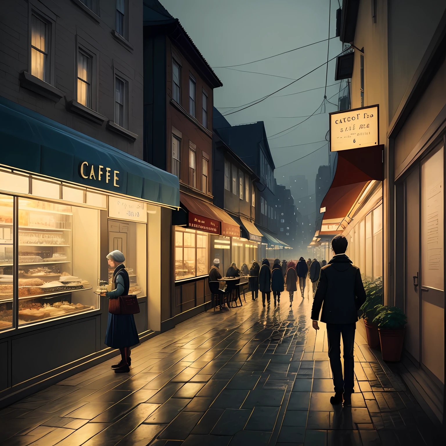 Portrait of a cafe, wet street, buildings, crowded street without people, cycle, rubbish, nostalgia, super quality, high detail, 35mm , Akihiko Yoshida