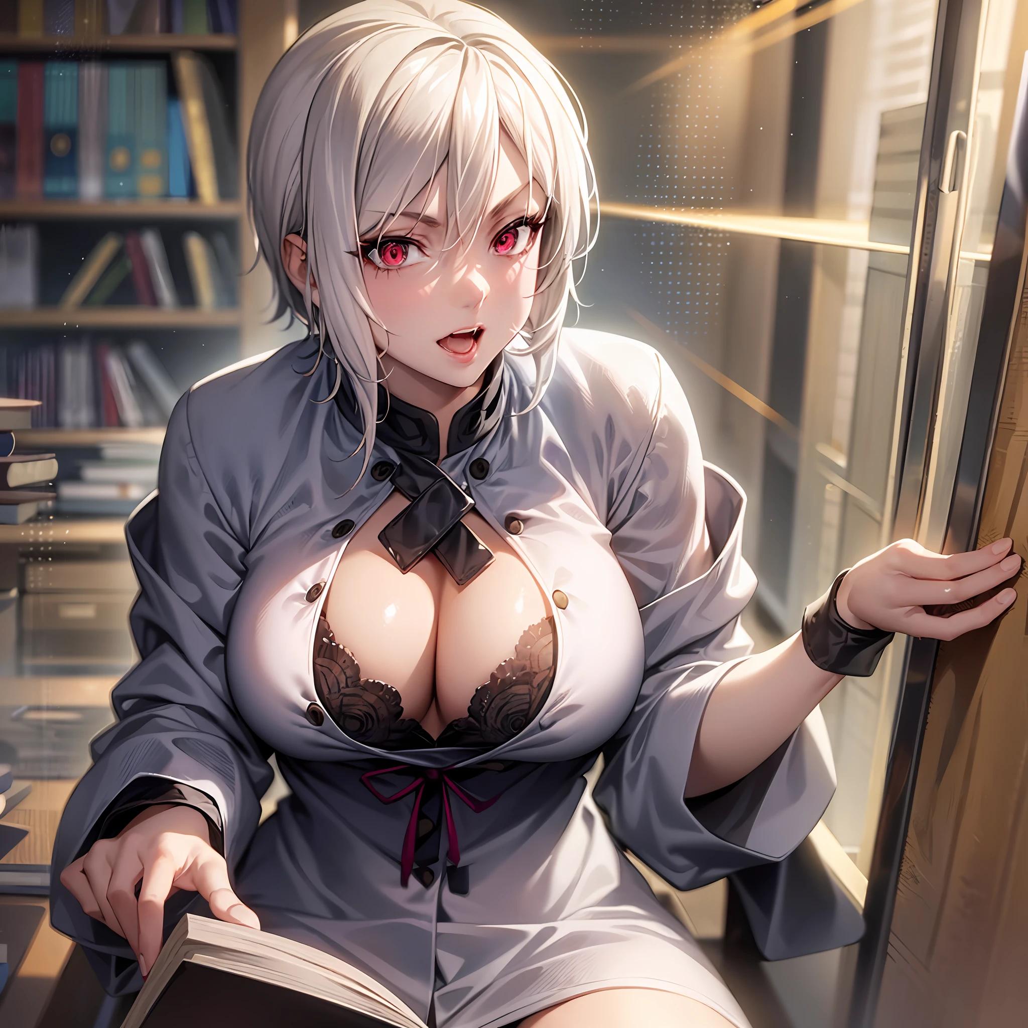 an attractive girl, sitting in a library, perfect body, wearing samurai clothes, cleavage, white hair, eye reflection, open mouth, slight smile, modern, anime, ray tracing, f/1.2, rounded corners, cropped, close-up, UHD, high details, 4K
