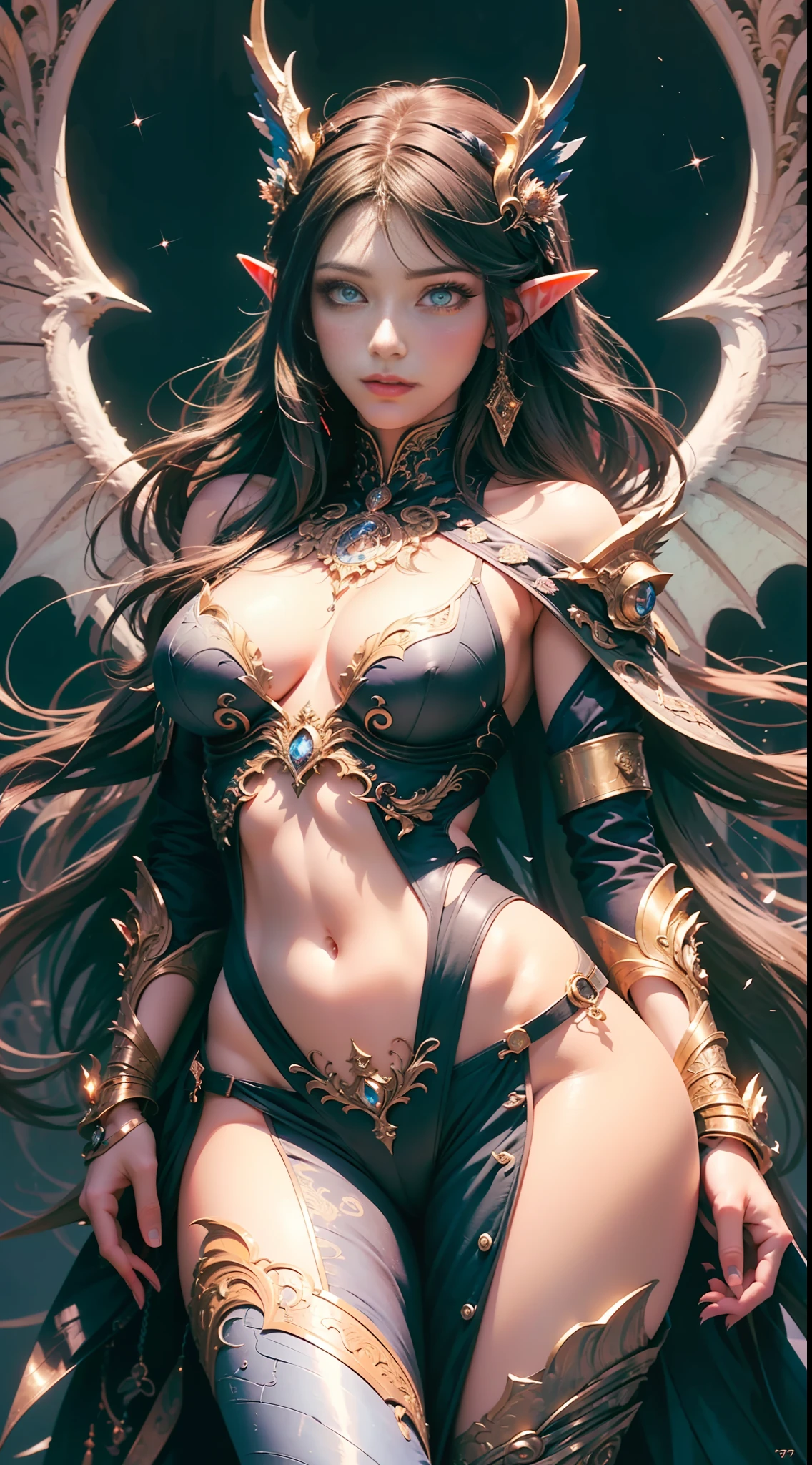 (best quality: 1.1), (masterpiece: 1.1), (Valencia: 1 girl girl), a masterpiece, bestquality, raw photo, realistic, FACE, incredibly ridiculous, beautiful girl, magic, long long hair, depth of vision, Highres, hyperdetailed, finely detailed, RAWExtremely detailed, extremely detailed eyes and face, sharp pupils, realistic pupils, sharp focus, cinematic lighting, detailed, perfect anatomy, a closeup of a woman with beautiful brown eyes face in a costume with a dragon on her shoulder, costume outfit, cinematic goddess body shot, majestic body full body angel, elegant cinematic pose, hyperdetailed full body shot, hyperdetailed fantasy character, full body image, like a mystical valkyrie, detailed whole body, beautiful and elegant elf queen, unreal motor render + a goddess, grumpy lighting, glow,  bright, mysterious, mystical, magical, rim lighting, vibrant, psychedelic, colorful, intricate, elegant, sharp focus, highly detailed, digital painting, conceptual art, matte, masterpiece, hyper detailed ultra sharp, vibrant aesthetic, blood wave, colorful, psychedelic, ornate, intricate, digital painting, conceptual art, smooth, sharp focus, illustration, beautiful female,  (detailed pupils and iris of eyes :1.4), cowboy shoot, large breasts,