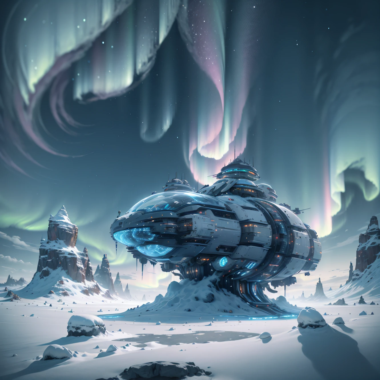 , Masterpiece, Best Quality, 8K, Ultra Highres, (Ice Age, Icy Snow), on an ice-covered planet, a huge spaceship quietly docked on the ice, surrounded by towering ice peaks and icicles. The sky is filled with shining auroras, casting brilliant and colorful lights, adding a mysterious atmosphere to this icy world. Lightning, blizzards