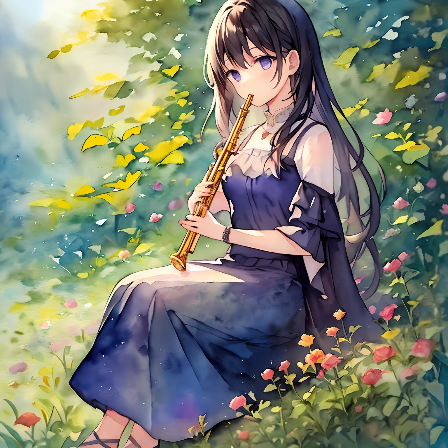 1 girl, sitting in the field, ((holding 1 flute with both hands)), full body, distant view, (masterpiece, high quality), ((watercolor painting))