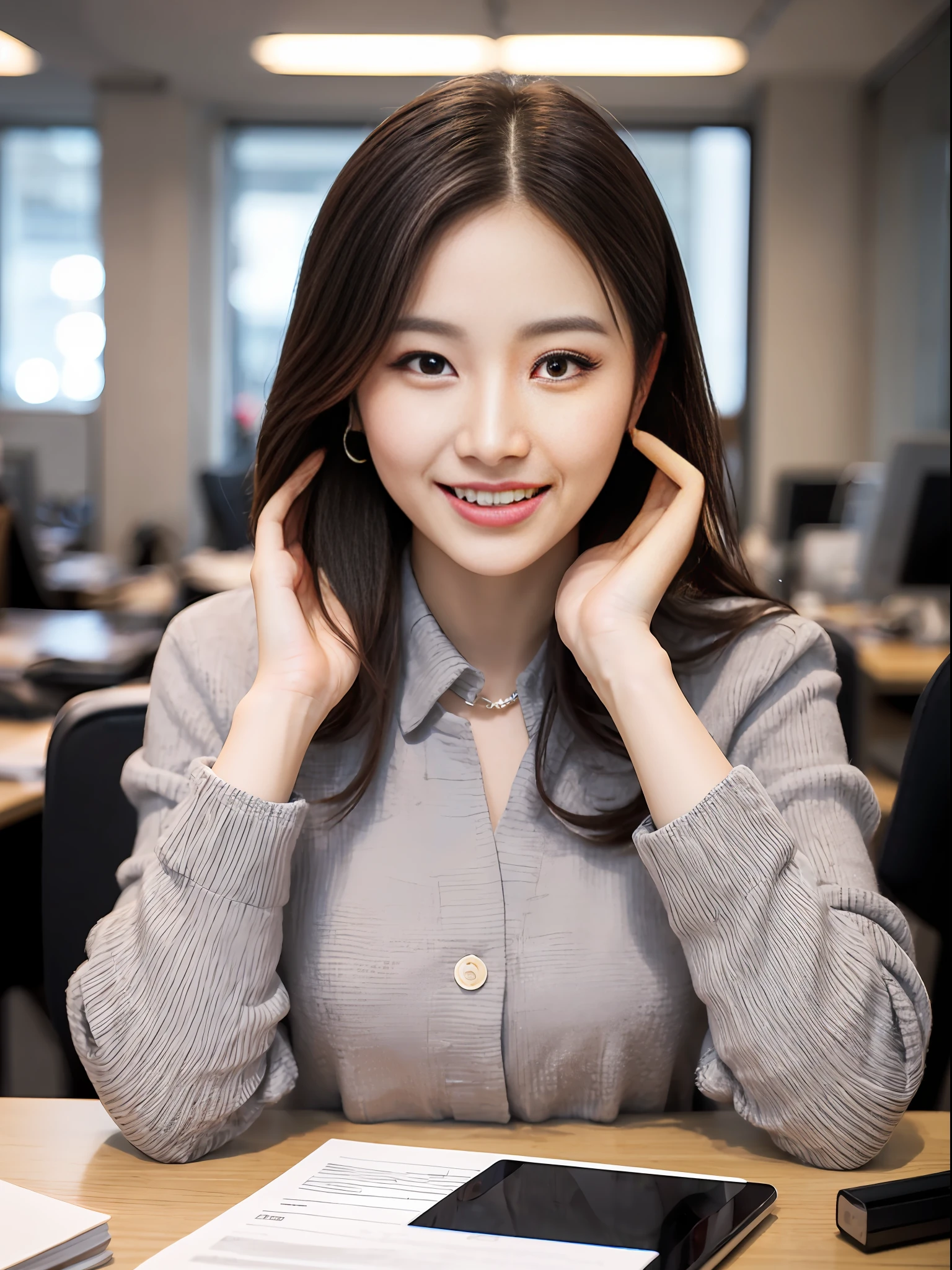 Working at a desk, high quality, ultra-realistic, shortcut, office lady, smart formal, makeup, smile, beautiful eyes, beautiful and accurate face, beautiful hands, background is office, Looking at the viewer gently and affectionately like a goddess