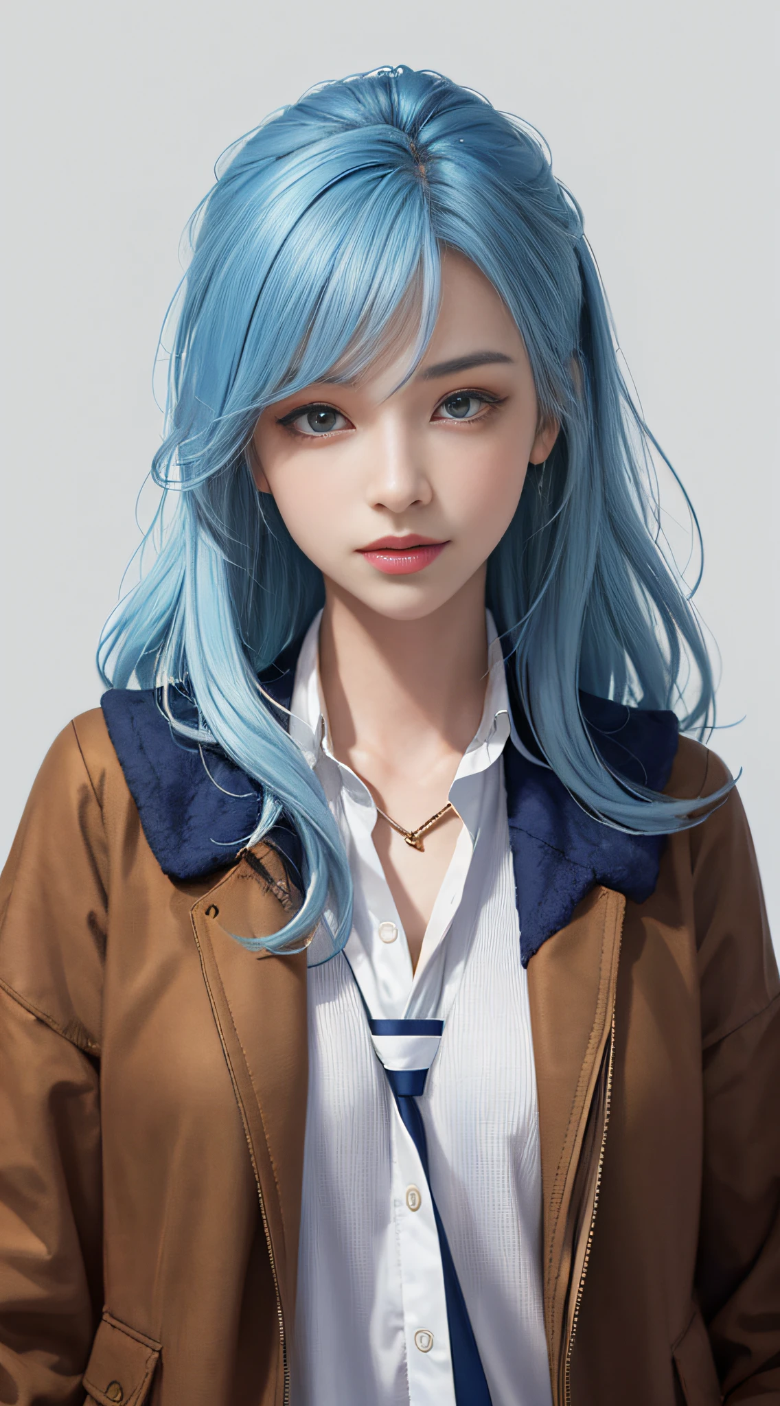 (masterpiece, best quality, 1girl, solo, fine detail, chromatic aberration), realistic, (medium breath)), long hair, sharp eyes, open coat, (symmetrical eyes), (perfectly symmetrical body), solid color background, looking at the audience, Guvez style artwork, realistic art style, wearing jacket and tie, (blue hair), orange jacket, loose coat leading sailor uniform, Cute casual streetwear, magical schoolboy uniform, brown jacket, casual clothing style, jacket, wear jacket, urzan, style anime, sakimichan, e-girl, cute cartoon style, e-girl, short jacket
