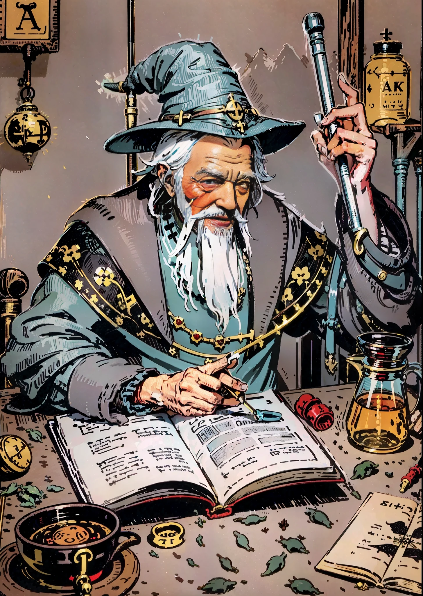 Make a tarot style picture that is an evil wizard, wizard hat, treacherous laugher, dispensing medicine, alchemist, alchemy pot, old man, magic crutch, gray hair