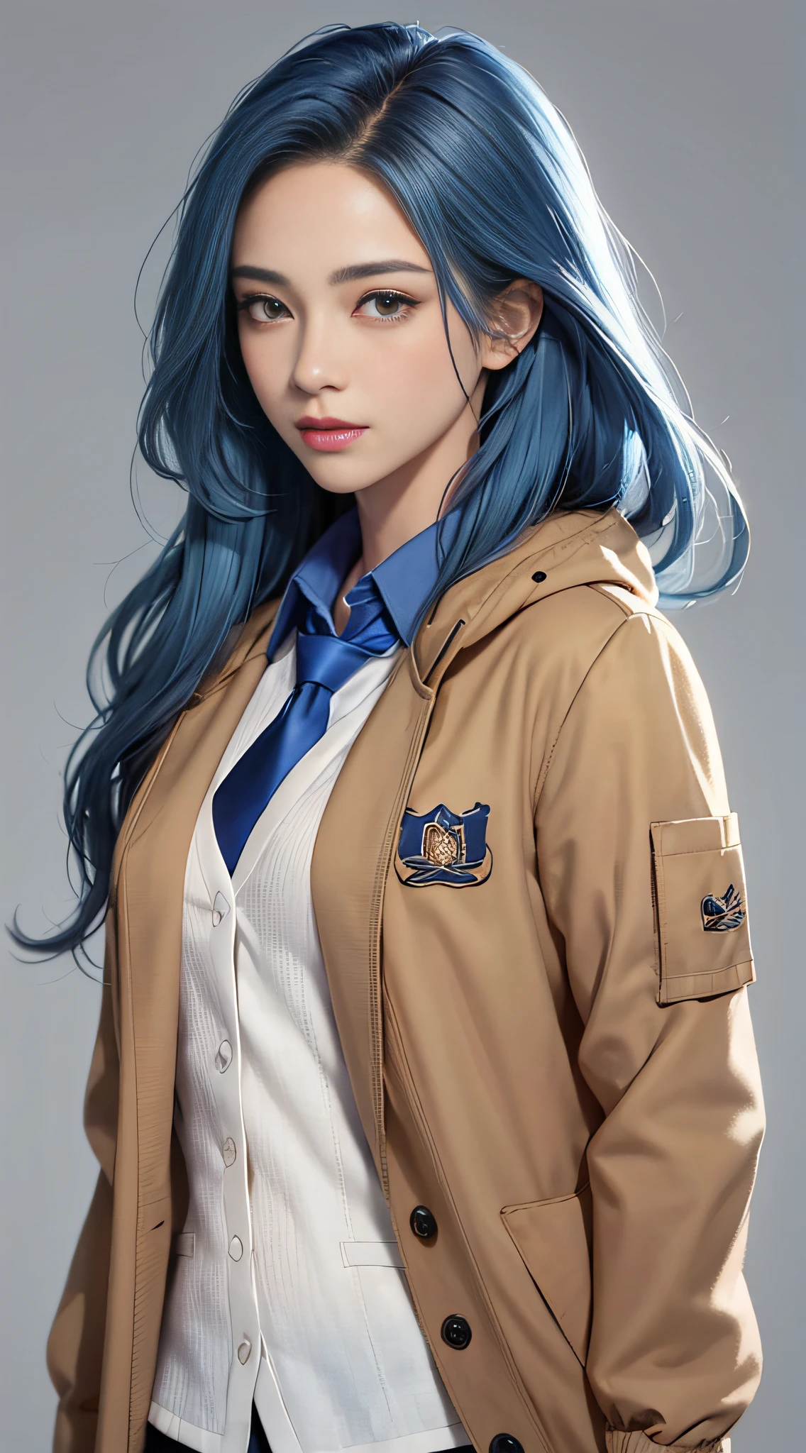 (masterpiece, best quality, 1girl, solo, fine detail, chromatic aberration), realistic, (medium breath)), long hair, sharp eyes, open coat, (symmetrical eyes), (perfectly symmetrical body), solid color background, looking at the audience, Guvez style artwork, realistic art style, wearing jacket and tie, (blue hair), orange jacket, loose coat leading sailor uniform, Cute casual streetwear, magical schoolboy uniform, brown jacket, casual clothing style, jacket, wear jacket, urzan, style anime, sakimichan, e-girl, cute cartoon style, e-girl, short jacket