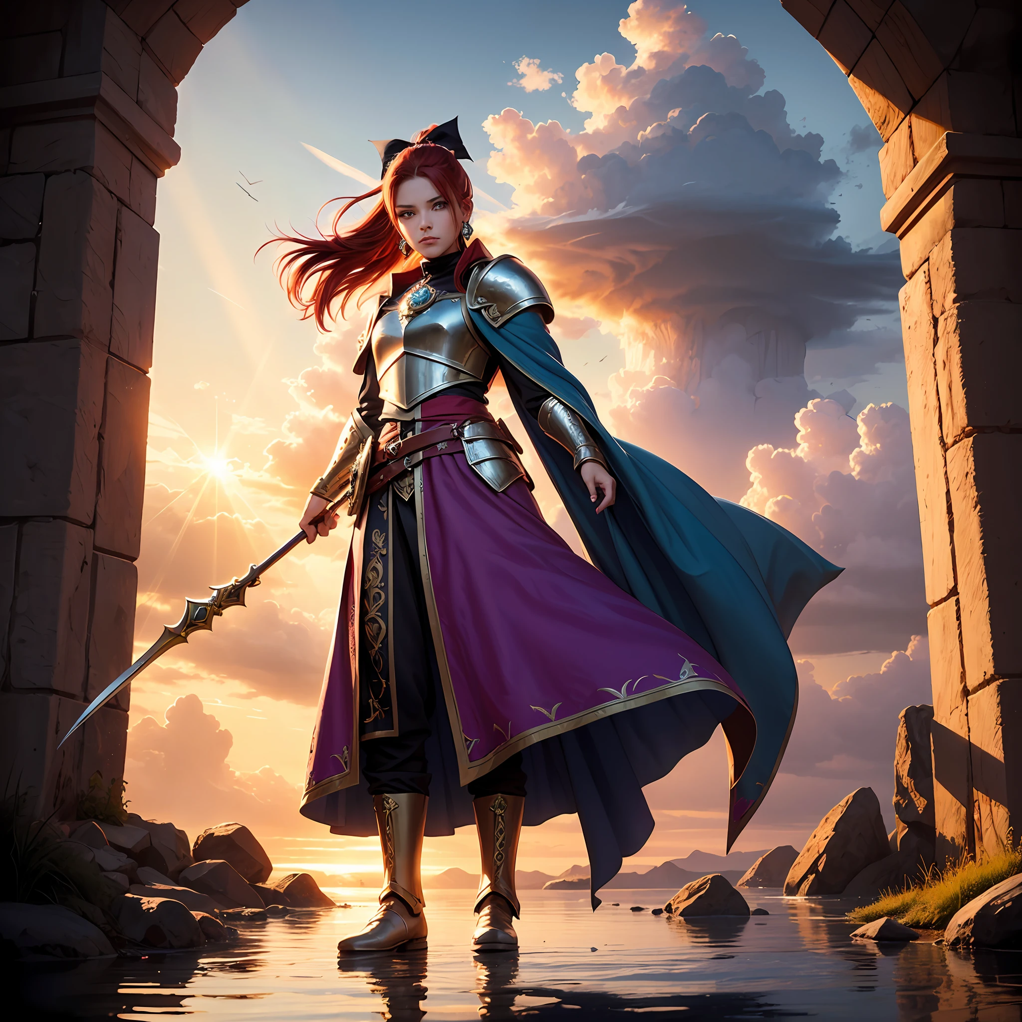 female, dwarf, dnd art, fantasy art, red hair, green eyes, cleric, white plate mail armor, dnd art, fantasy art, long purple cloak flowing, holy symbol radiating, casting a spell, fantasy temple background at dawn, floating hair, high ponytail, cloud hair, bow hairband, sparkling eyes, earrings, makeup, shaded, gloom (expression), determined, high detail, Op art, Realism, Genre painting, god rays, reflection light, wide shot, Wide-Angle, sparkle, Gothic art, Hyperrealism, Realism, masterpiece, high quality, high details, best quality, 4K, HD, 4K, super detail