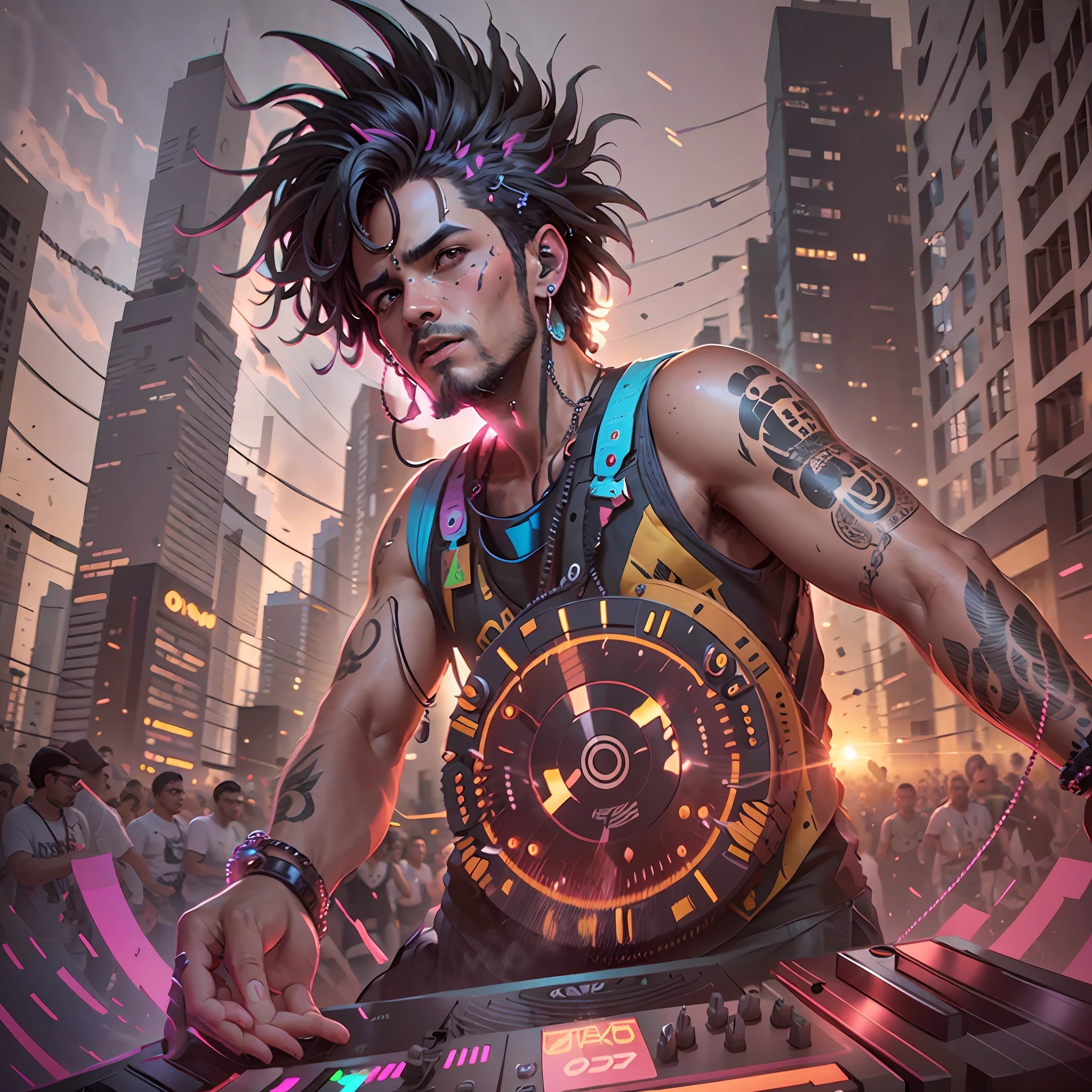 (nvinkpunk:1.2) (snthwve style:0.8) brazilian man dj, anthro, lightwave, sunset, intricate, highly detailed --S2 create a funk dance, style of Brazil 🇧🇷, Rio de Janeiro, funk carioca, several loud speakers back there, with several people dancing, DJ playing music for the crowd, ultrarealistic photorealistic 8k photorealistic --auto