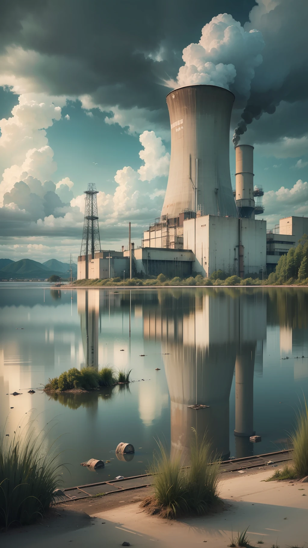 Abandoned nuclear power plant, contaminated green lake, ((high quality, gloomy climate))