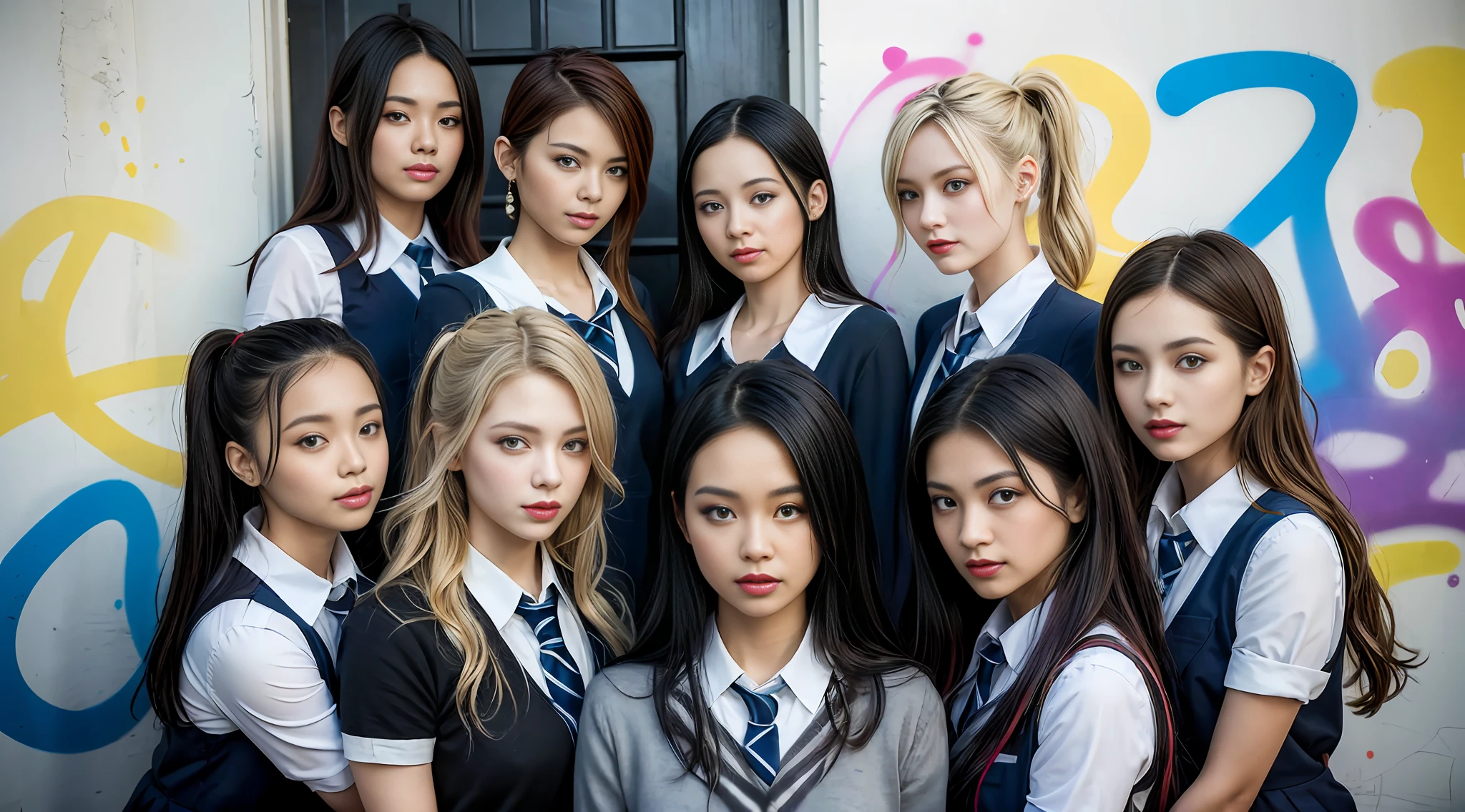 schoolgirl, beautiful detailed eyes, colorful, vivid colors, ((7girls: 1.5)), absurdity, top quality, striped hair, schoolgirl, latest fashion, (graffiti: 1.25), paint splatter, iridescent hair, paint on body