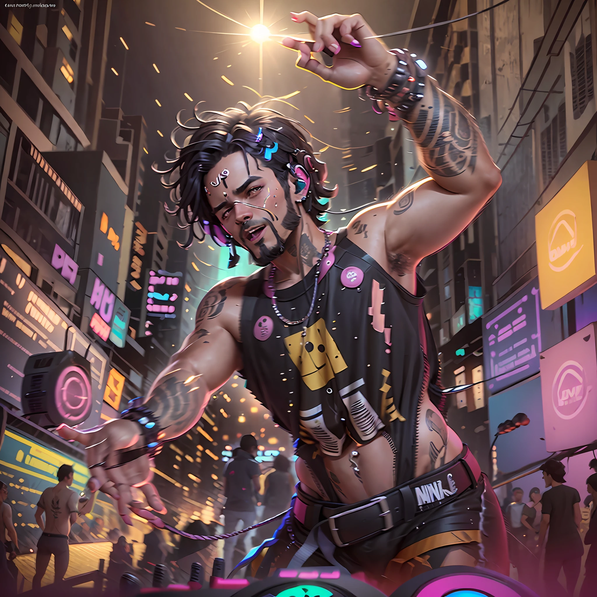 (nvinkpunk:1.2) (snthwve style:0.8) brazilian man dj, anthro, lightwave, sunset, intricate, highly detailed --S2 create a funk dance, style of Brazil 🇧🇷, Rio de Janeiro, funk carioca, several loud speakers back there, with several people dancing, DJ playing music for the crowd, ultrarealistic photorealistic 8k photorealistic --auto