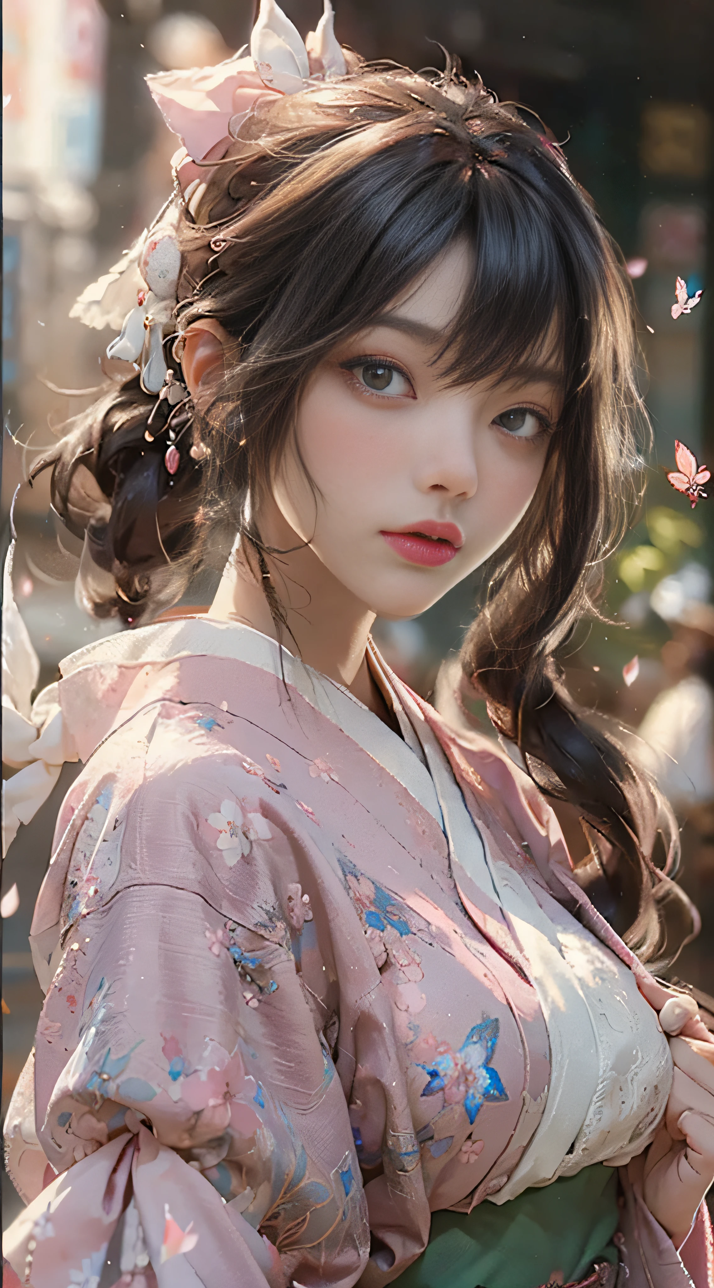 ((Best Quality)), ((Masterpiece)), (Detail: 1.4), 3D, Beautiful Cyberpunk Female Image, HDR (High Dynamic Range), Ray Tracing, NVIDIA RTX, Super Resolution, Unreal 5, Subsurface Scattering, PBR Texture, Post-Processing, Anisotropic Filtering, Depth of Field, Maximum Sharpness and Sharpness, Multi-layer Texture, Albedo and Highlight Mapping, Surface Coloring, Mitsu-Accurate Simulation of Material Interactions, Perfect Proportions, Octane Rendering, Two-color Light, Large Aperture, Low ISO, white balance, regular three-point, 8K RAW, beautiful bright pupils, flowing robe, fine pupils, delicate face and eyes, long eyelashes, blush, fluffy hair, pink lips, pure, cute, cherry blossom petals falling, butterflies, light and gauzy pink kimono