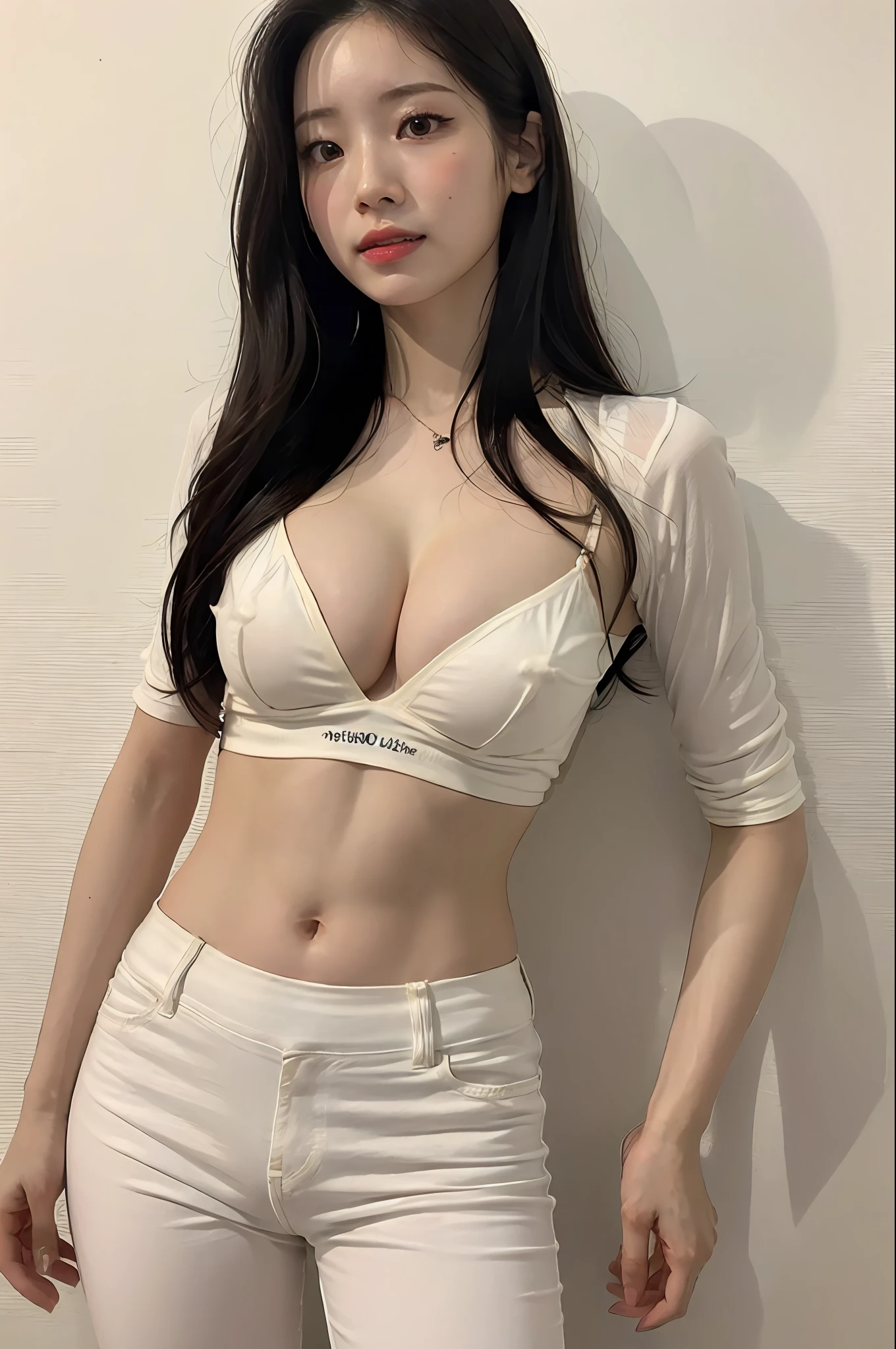(hyperrealistic), (illustration), (high resolution), (8K), (extremely detailed), (best illustration), (beautiful detailed eyes), (best quality), (ultra-detailed), (masterpiece), ( wallpaper), (detailed face), solo, 1 girl, white wavy hair, korean, heterochromic eyes, small moles under the eyes, loose white shirt, yoga pants, big breasts, long legs, tight abs, camel toes, dynamic pose