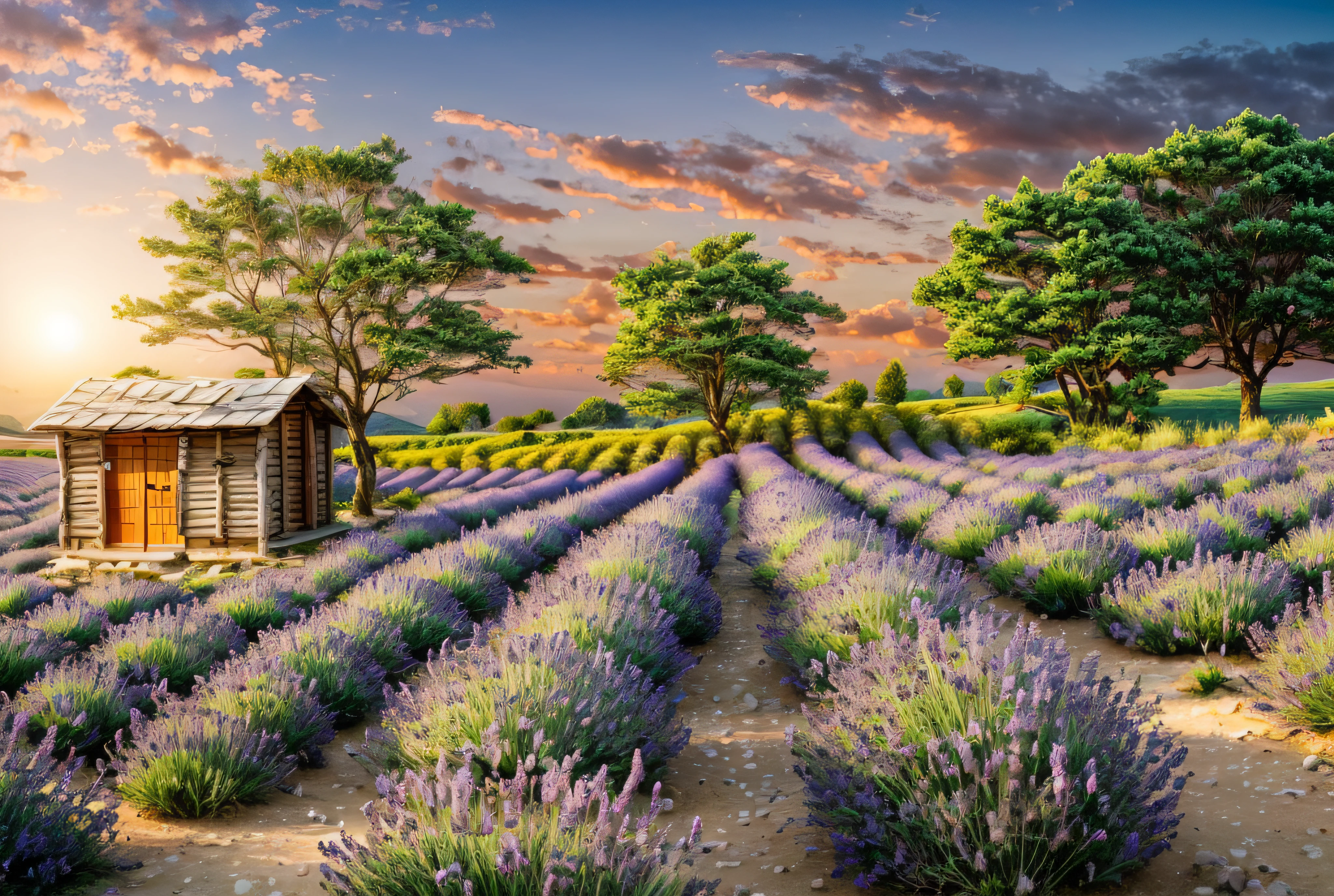 lavender field, small hut, a tree, white sun; pink sky