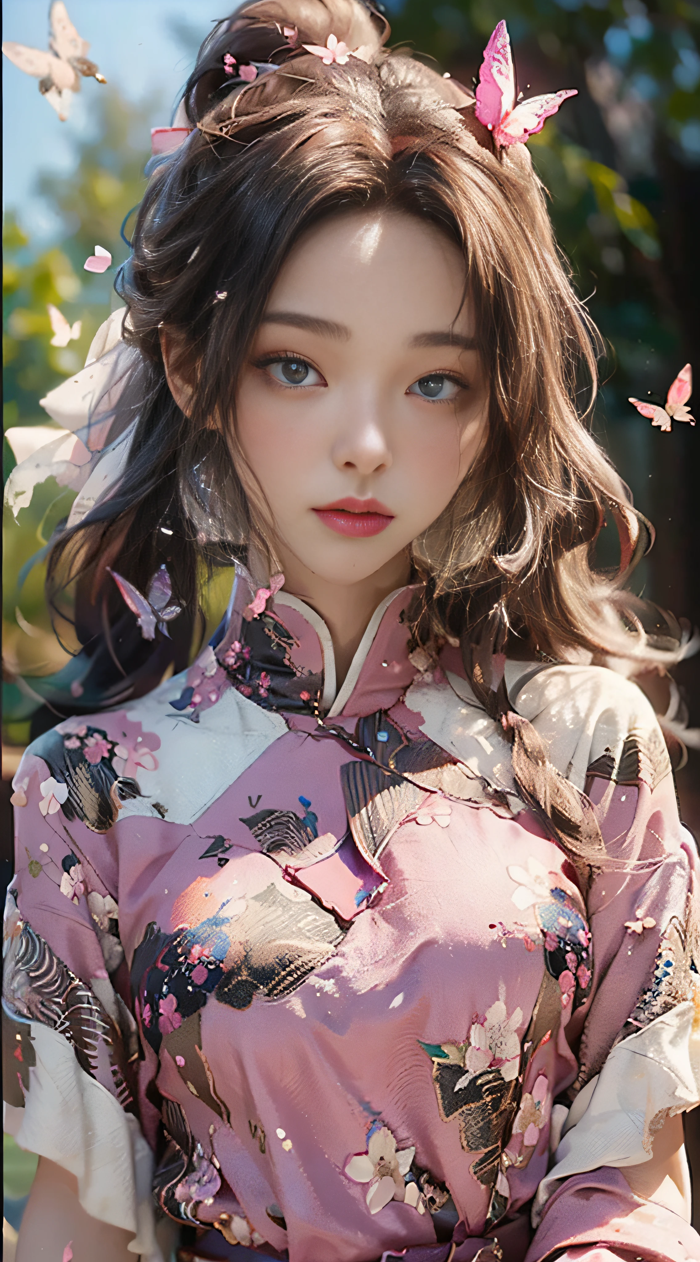 ((Best Quality)), ((Masterpiece)), (Detail: 1.4), 3D, Beautiful Cyberpunk Female Image, HDR (High Dynamic Range), Ray Tracing, NVIDIA RTX, Super Resolution, Unreal 5, Subsurface Scattering, PBR Texture, Post-Processing, Anisotropic Filtering, Depth of Field, Maximum Sharpness and Sharpness, Multi-layer Texture, Albedo and Highlight Mapping, Surface Coloring, Mitsu-Accurate Simulation of Material Interactions, Perfect Proportions, Octane Rendering, Two-color Light, Large Aperture, Low ISO, white balance, regular three-point, 8K RAW, beautiful bright pupils, flowing robe, fine pupils, delicate face and eyes, long eyelashes, blush, fluffy hair, pink lips, pure, cute, cherry blossom petals falling, butterflies, fashionable design clothes