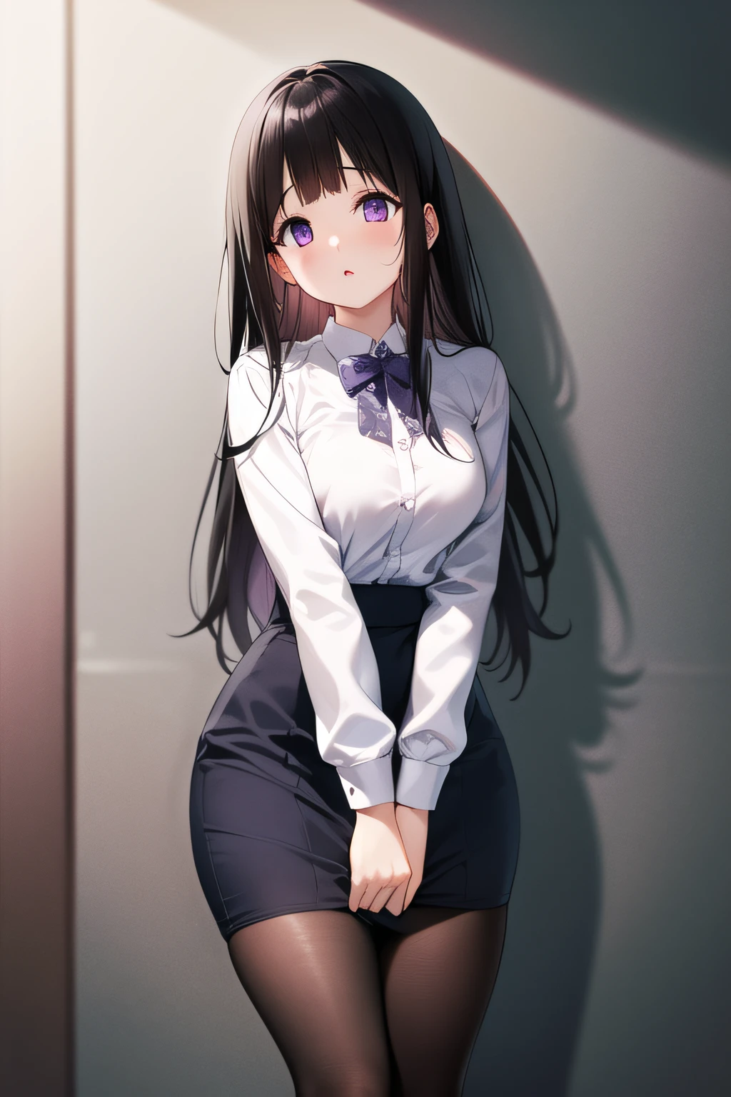 A superb exquisite Chitanda Eru, purple eyes, black hair, natural straight hair, straight bangs, extremely delicate, straight facial features, peerless beautiful girl, soft, sensual, dreamy quality, light white and dark brown, exaggerated facial features, solid color, frank holly, delicate face, bright lips slightly open, slender waist, soft curves, wearing skirt, stockings, real light and shadow, super fine, 4k, natural moving, Ultra high resolution