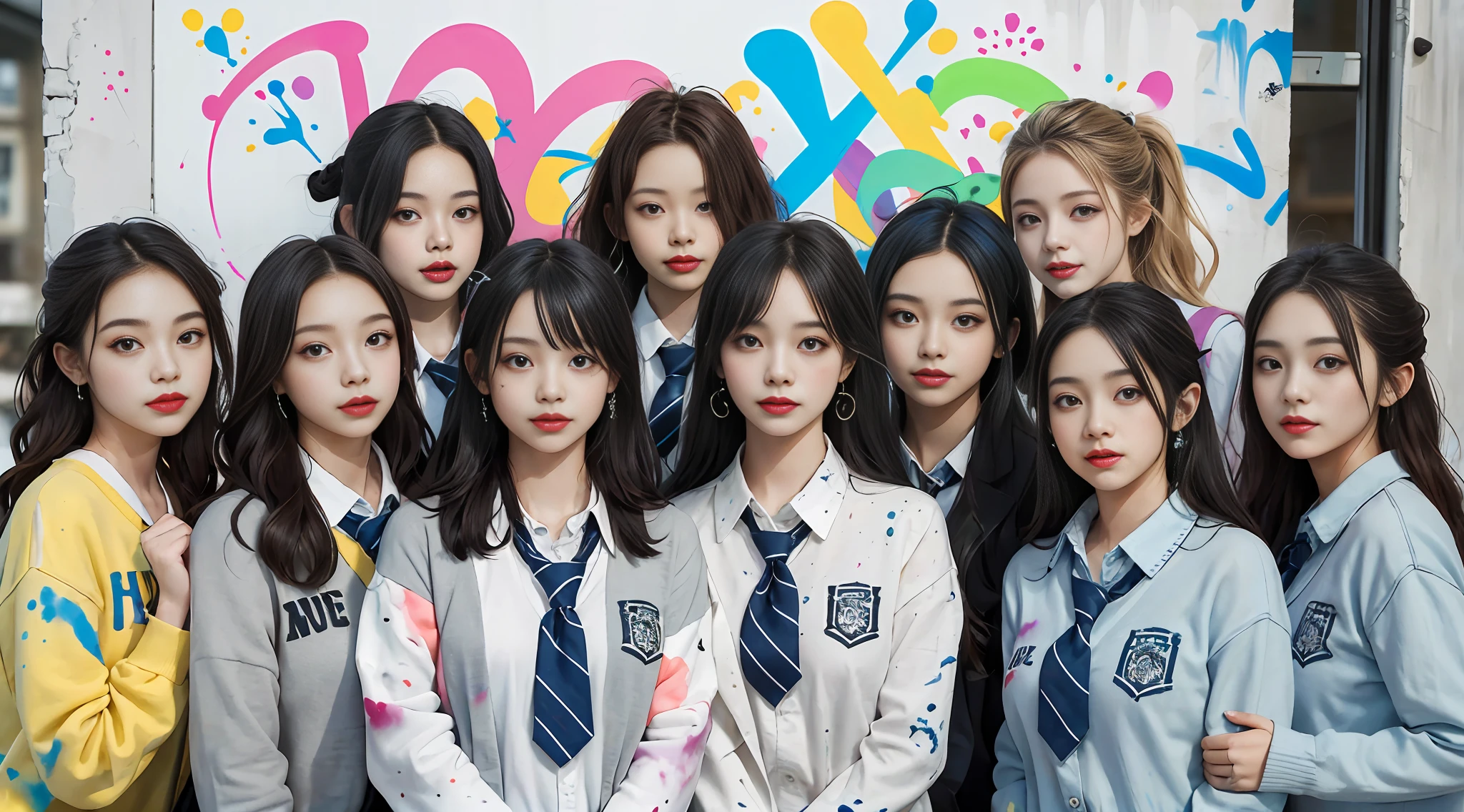 schoolgirl, beautiful detailed eyes, colorful, vivid colors, ((7girls: 1.5)), absurdity, top quality, striped hair, schoolgirl, latest fashion, (graffiti: 1.25), paint splatter, iridescent hair, paint on body