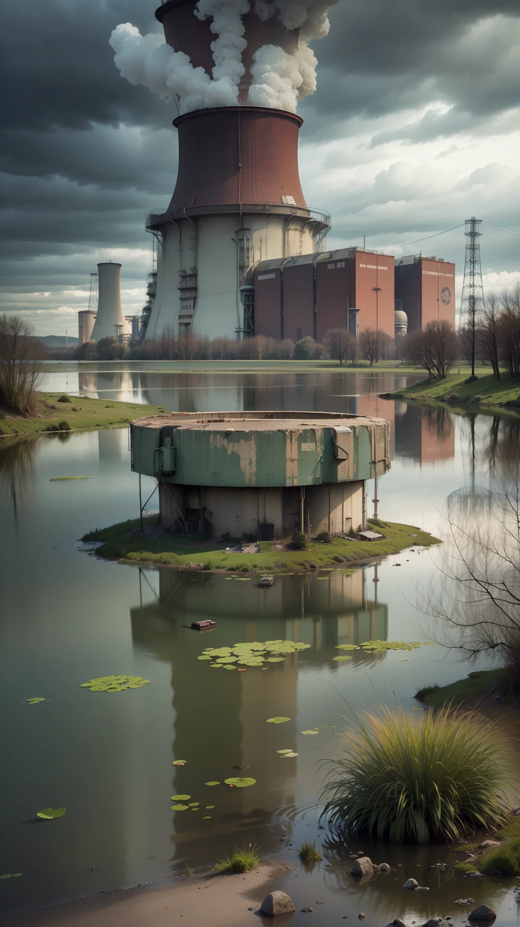 Abandoned nuclear power plant, contaminated green lake, ((high quality, gloomy climate))