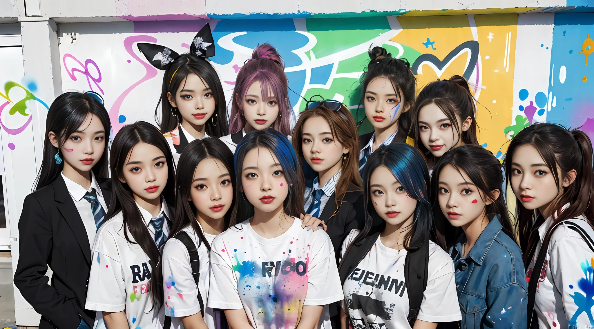 schoolgirl, beautiful detailed eyes, colorful, vivid colors, ((7girls: 1.5)), absurdity, top quality, striped hair, schoolgirl, latest fashion, (graffiti: 1.25), paint splatter, iridescent hair, paint on body