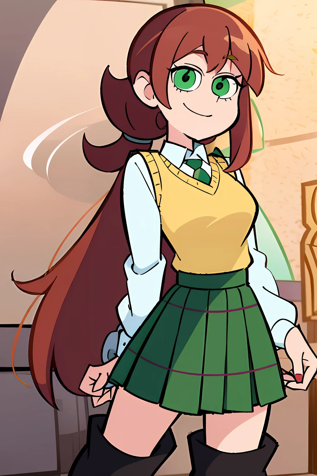 (cartoon), light smile, schoolgirl attire, white blouse with yellow sweater vest, green striped tie, red plaid skirt and black boots with white buckles, forest green eyes and ashy hair in a twin ponytail