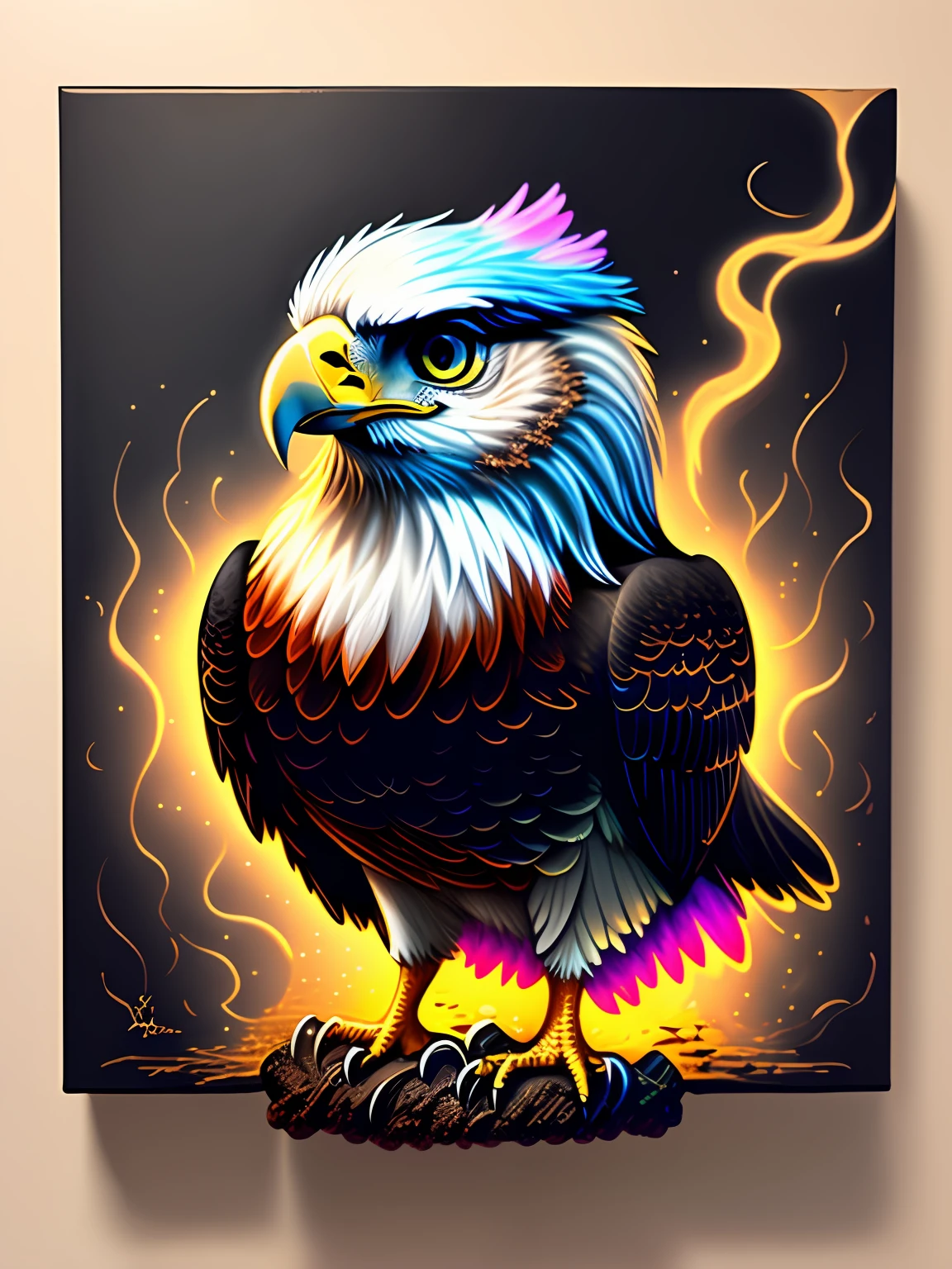 a painting of a colored eagle on a black background,, breathtaking rendering, within a radiant connection, inspired by Kinuko Y. Craft,, magical elements, kitten icon, wow, is beautiful, casting a multi colored spell, bright flash, flash create an image with dark colors