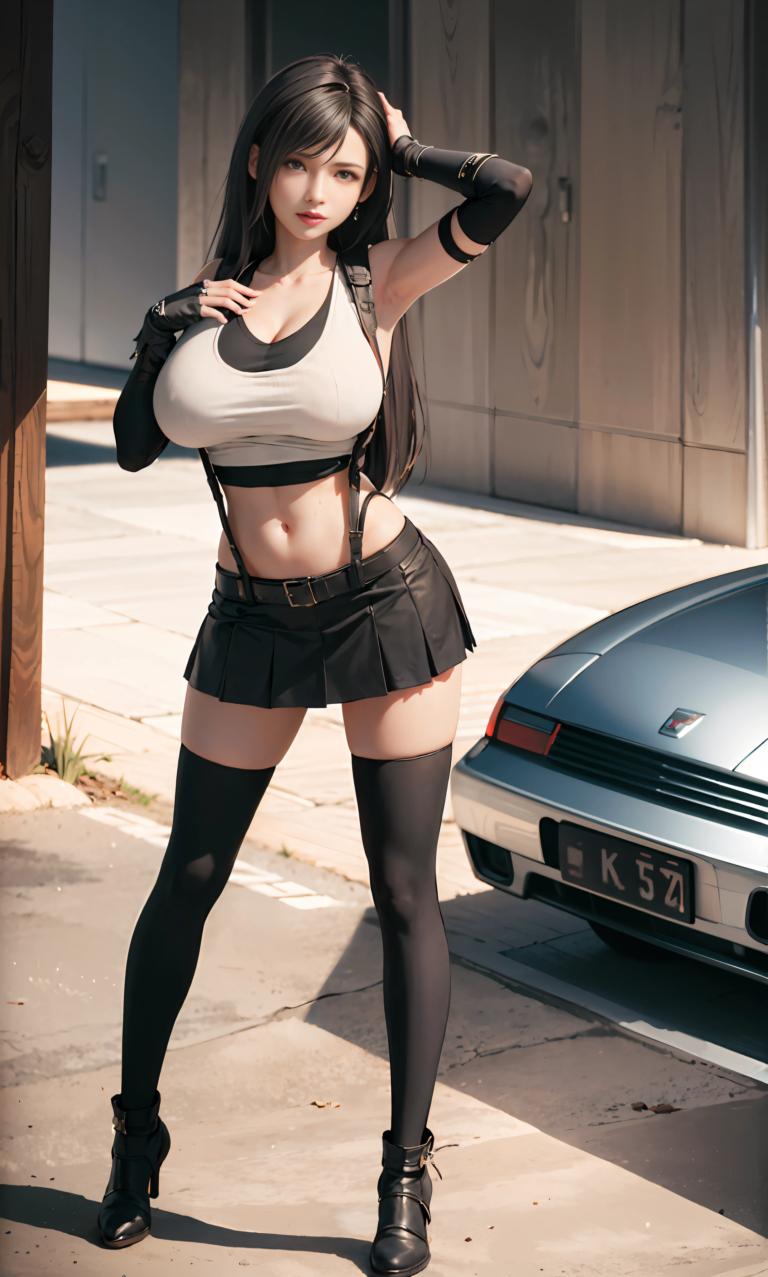 Unreal Engine 5 Realistic Render, (masterpiece, best quality), intricate details, ((Best quality)), ((masterpiece)), ((realistic)), (hyperrealism:1.2), (fractal art:1.2),
1girl, tifa lockhart original costume, white crop top, arm guards, fingerless gloves, suspenders, pleated miniskirt, black thighhighs, red boots
extreme detailed eyes, colorful, highest detailed,
vibrant colors, high contrast,
(8K UHD:1.2), (photorealistic:1.2), beautiful face, top body is hyperrealistic thicc muscle and hyper largest_breasts!! with the type of boobs_melons, lower is huge buttocks, wet shiny body