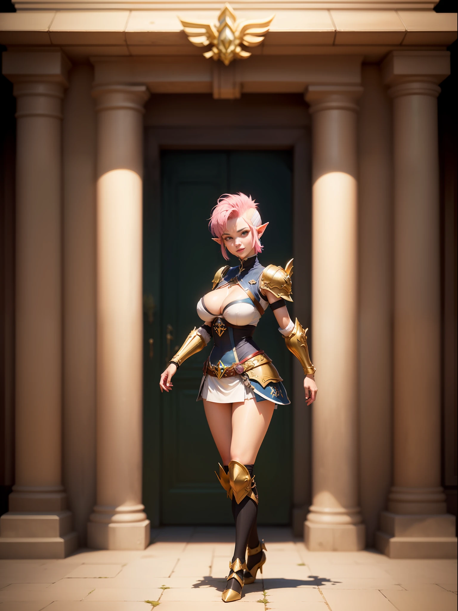 ((Full body, standing):1.2), Only the ((Princess Zelda):1.2): ((wearing Seiya of Pegasus Knight's bronze armor):1.2), she has ((pink short mohawk hair, green eyes):1.2), she has ((extremely large breasts):1.2), is looking at the viewer, is smiling, she is making erotic poses for the viewer; She is in the temple of Athena it's raining hard, saint seiya, anime, Hyperrealism, Hyperrealism, 16k, ((high quality, high details):1.4), UHD, masterpiece
