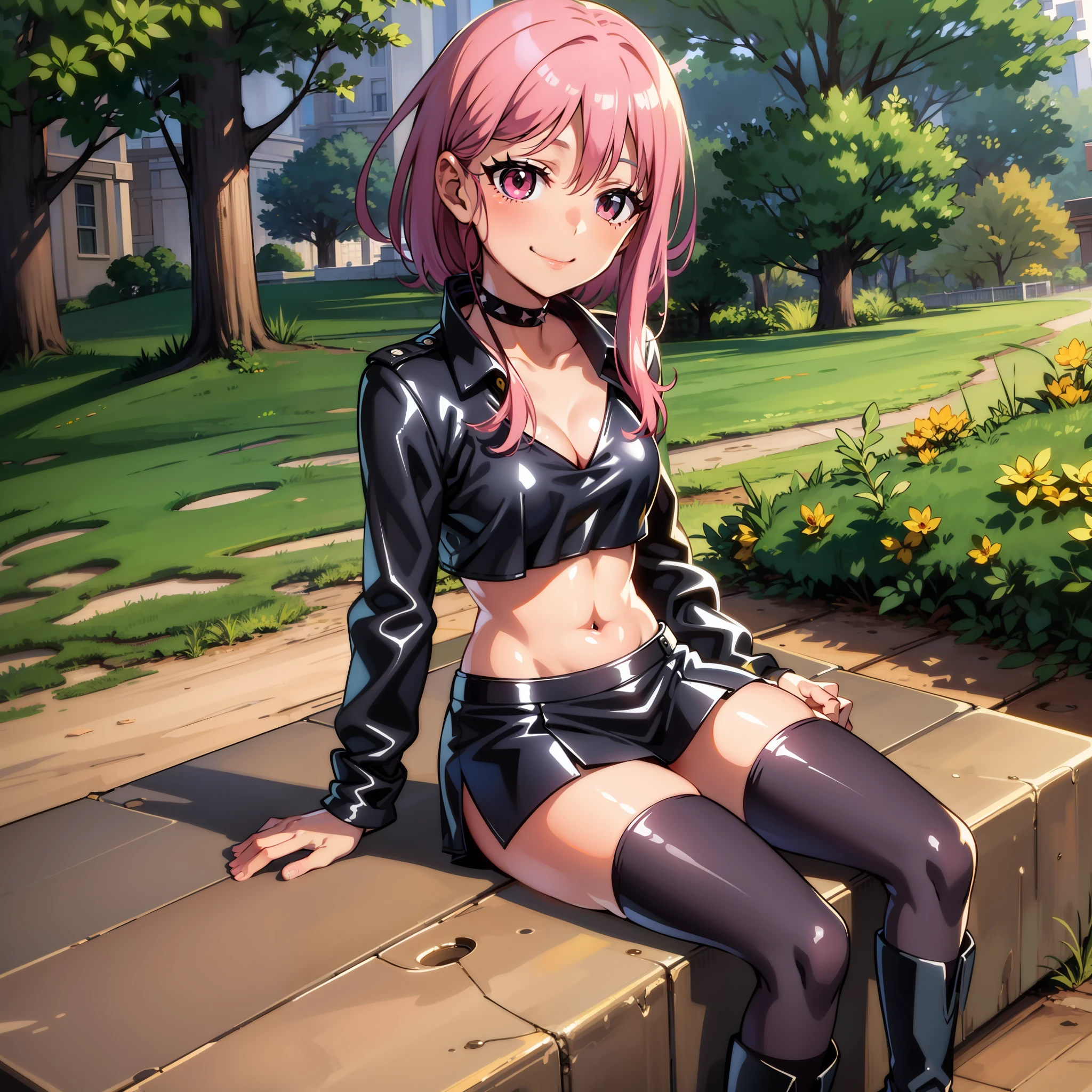 A girl, little girl, 4k, (high definition),pink hair, big eyes, smile, small breasts, small waist, big hips, small thighs, short black leather jacket without blouse, black spiked bra, black latex mini skirt, marked abdomen, marked low abdomen, full body, black boots, sitting on a park bench, sitting cross-legged,  Lower right corner