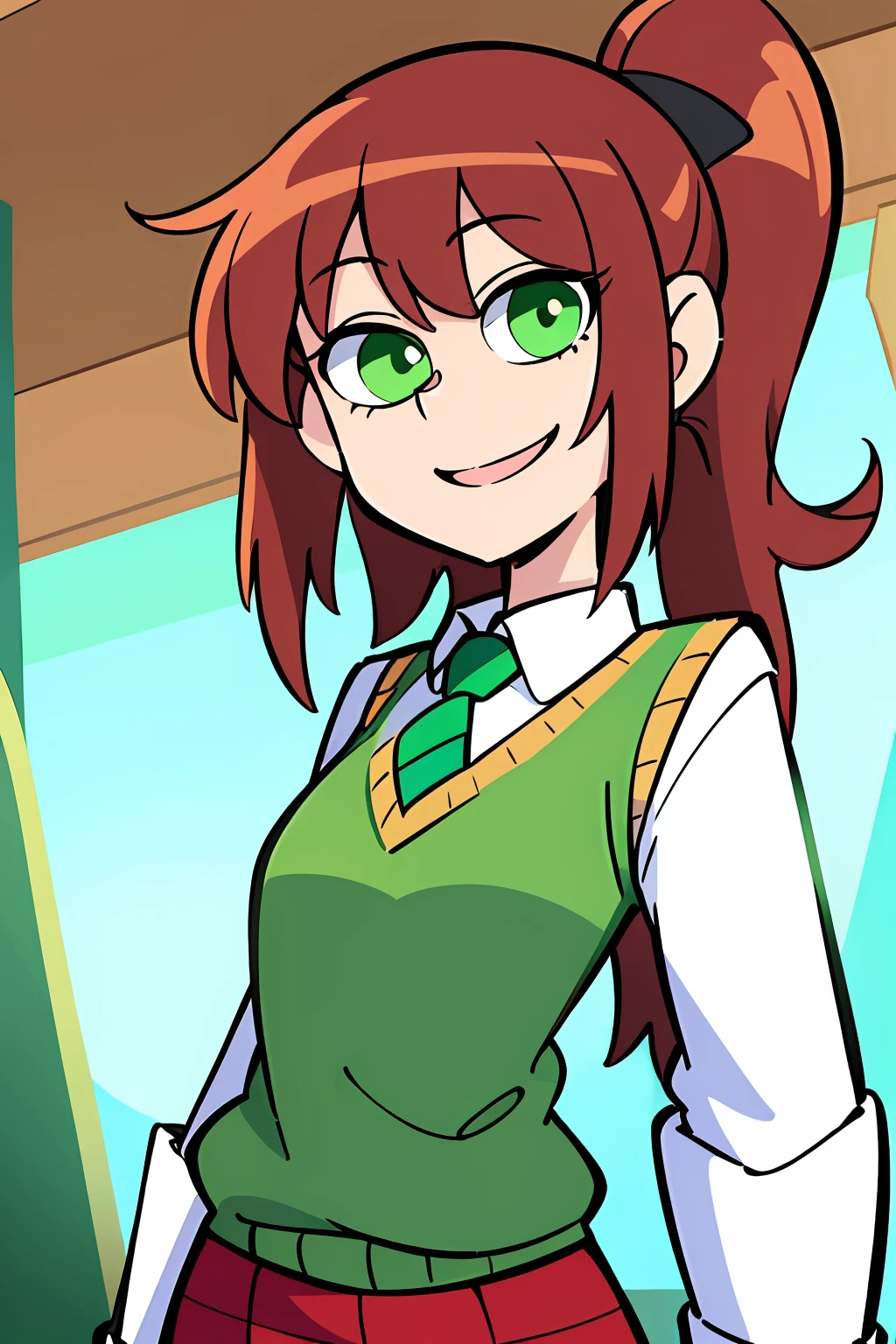 (cartoon), light smile, girl attire, white blouse with yellow sweater vest, green striped tie, red plaid skirt and black boots with white buckles, forest green eyes and ashy hair in a twin ponytail