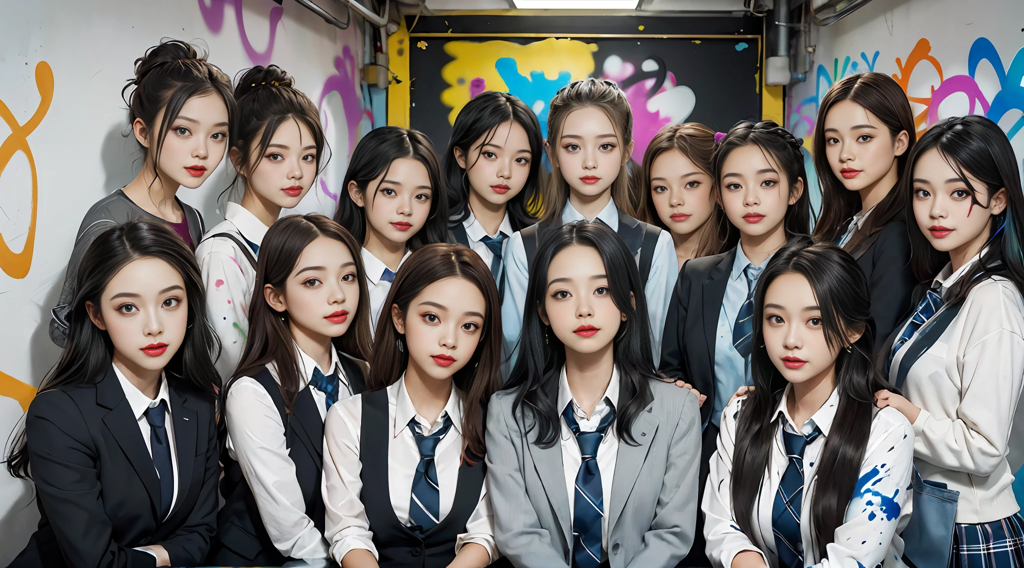 girl, beautiful detailed eyes, colorful, vivid colors, ((7girls: 1.5)), absurdity, top quality, striped hair, schoolgirl, latest fashion, (graffiti: 1.25), paint splatter, iridescent hair, paint on body