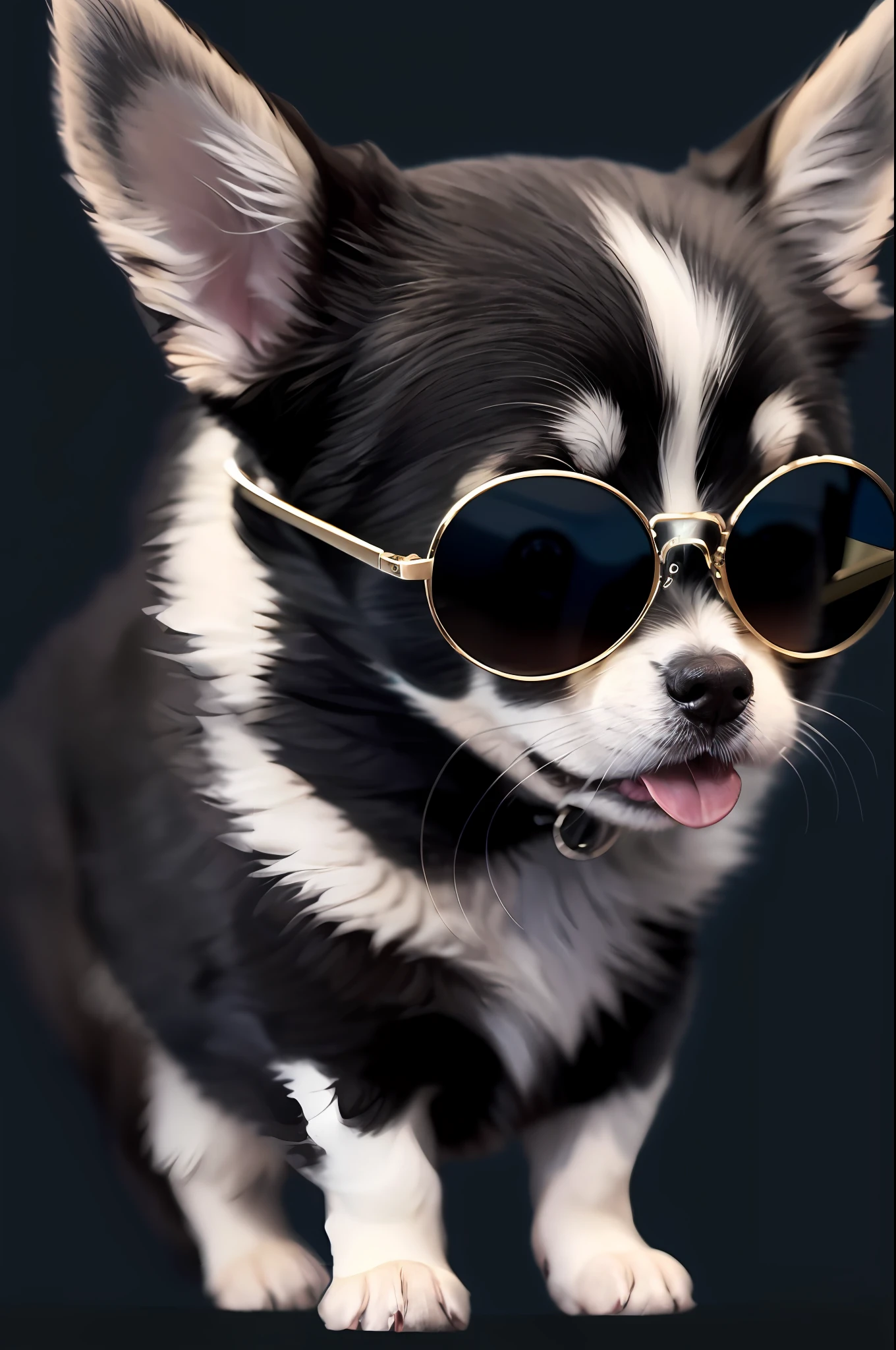 sticker style, vector lines, black and white color, cute anime chihuahua, chihuahua, long tongue, sticker style, very small ears, (sunglasses), background black, vector style, full body