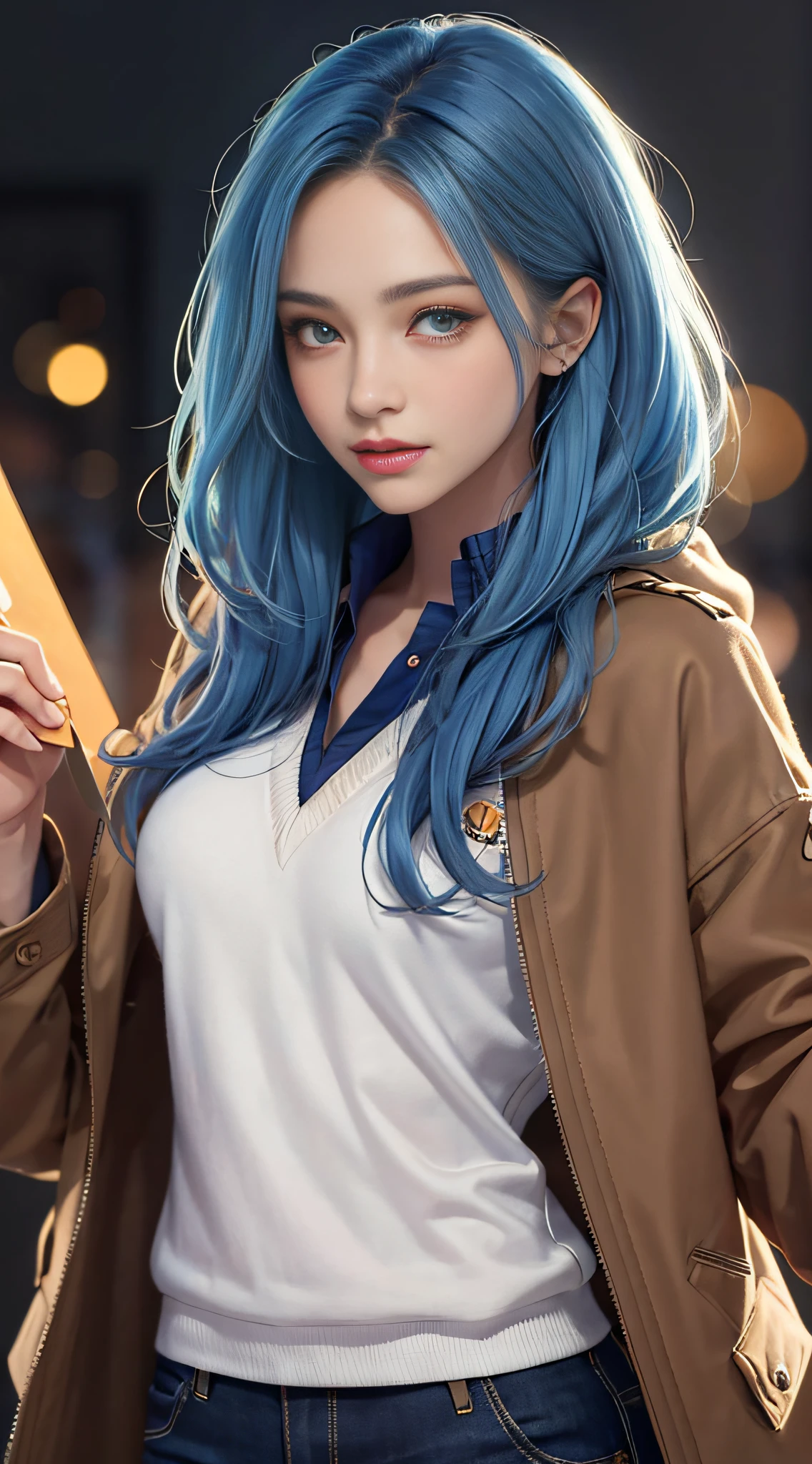 (masterpiece, best quality, 1girl, solo, fine detail, chromatic aberration), realistic, (medium breath)), long hair, sharp eyes, open coat, (symmetrical eyes), (perfectly symmetrical body), solid color background, looking at the audience, Guvez style artwork, realistic art style, wearing jacket and tie, (blue hair), orange jacket, loose coat leading sailor uniform, Cute casual streetwear, magical schoolboy uniform, brown jacket, casual clothing style, jacket, wear jacket, urzan, style anime, sakimichan, e-girl, cute cartoon style, e-girl, short jacket