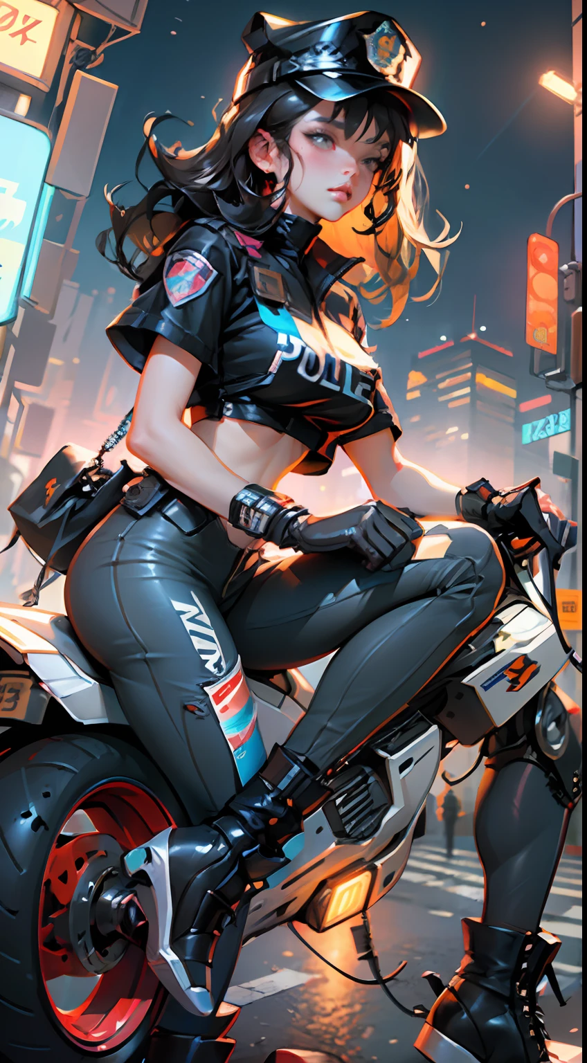 Beautiful woman medium hair, wearing cap, cyberpunk style short clothes, cyberpunk police woman, tomboy, Traffic Police, flying futuristic police motorcycle, police hovercycle patrol, night, neons