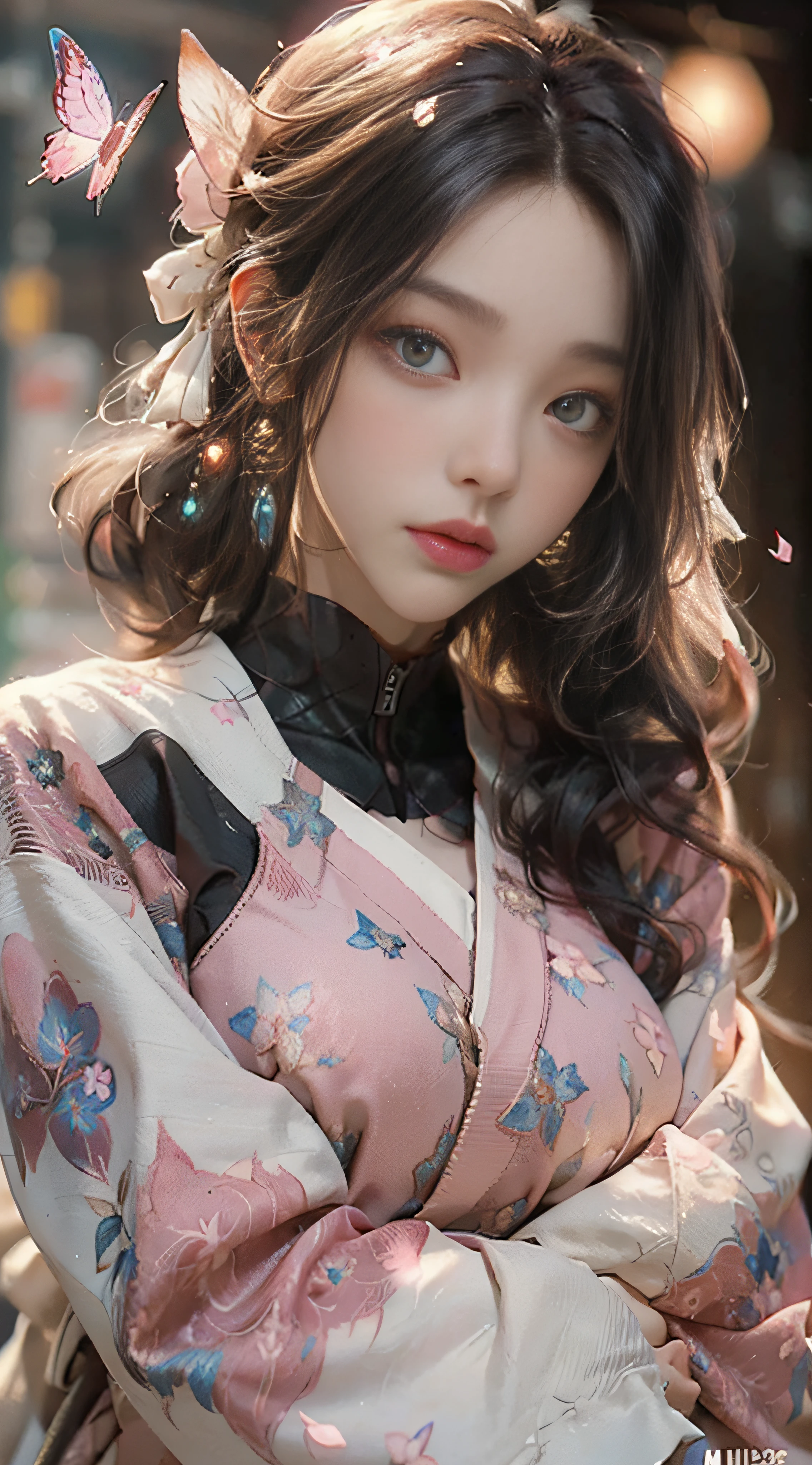((Best Quality)), ((Masterpiece)), (Detail: 1.4), 3D, Beautiful Cyberpunk Female Image, HDR (High Dynamic Range), Ray Tracing, NVIDIA RTX, Super Resolution, Unreal 5, Subsurface Scattering, PBR Texture, Post-Processing, Anisotropic Filtering, Depth of Field, Maximum Sharpness and Sharpness, Multi-layer Texture, Albedo and Highlight Mapping, Surface Coloring, Mitsu-Accurate Simulation of Material Interactions, Perfect Proportions, Octane Rendering, Two-color Light, Large Aperture, Low ISO, white balance, regular three-point, 8K RAW, beautiful bright pupils, flowing robe, fine pupils, delicate face and eyes, long eyelashes, blush, fluffy hair, pink lips, pure, cute, cherry blossom petals falling, butterflies, casual wear
