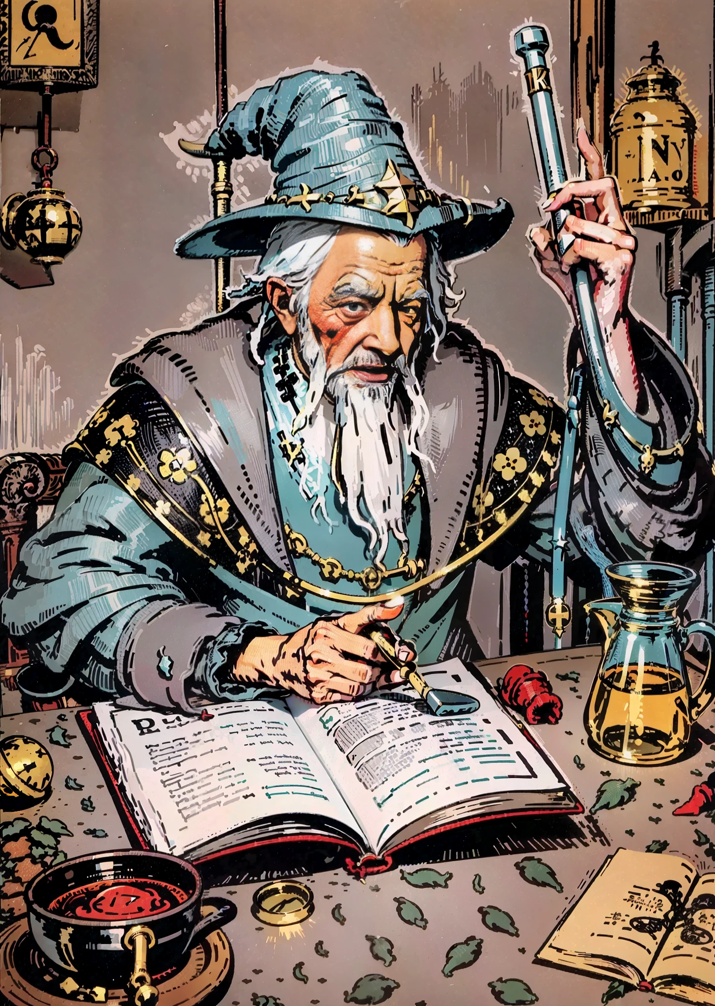Make a tarot style picture that is an evil wizard, wizard hat, treacherous laughter, dispensing, alchemist, alchemy pot, old man, magic crutch, gray hair, hand redraw, hand detail adjustment, evil expression