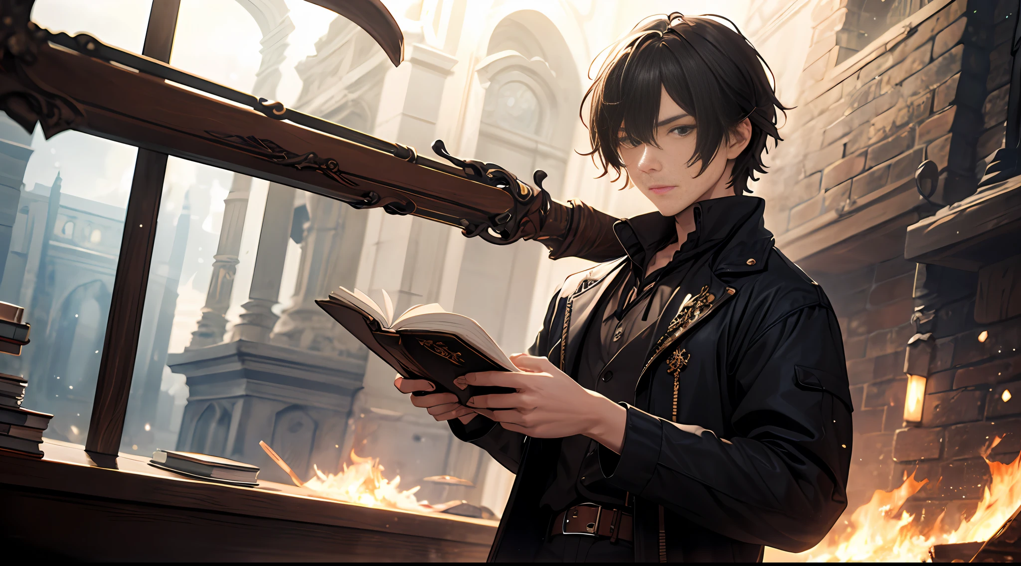 Masterpiece, a man, upper body close-up, sideways 45°, book weapon in hand, standing, spellcasting, western fantasy style, two-dimensional game --auto