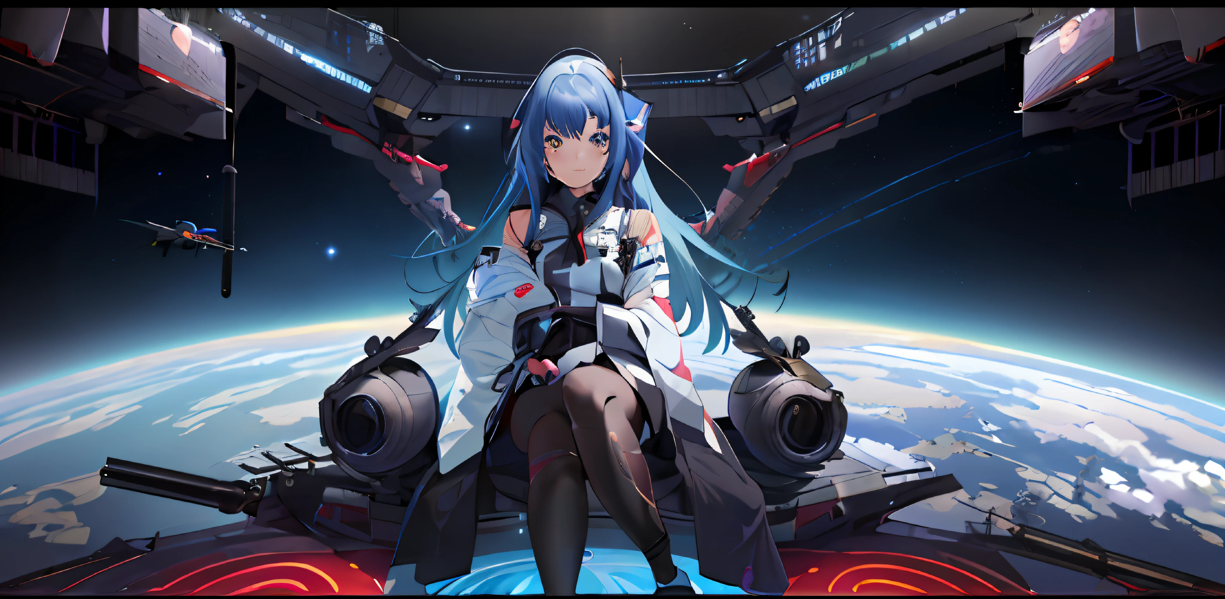 anime girl sitting on a spaceship in space with a view of earth, portrait anime space cadet girl, kantai collection style, official artwork, anime mecha aesthetic, azur lane style, from arknights, anime style 4 k, best anime 4k konachan wallpaper, nightcore, girls frontline universe, mecha asthetic, powerful woman sitting in space