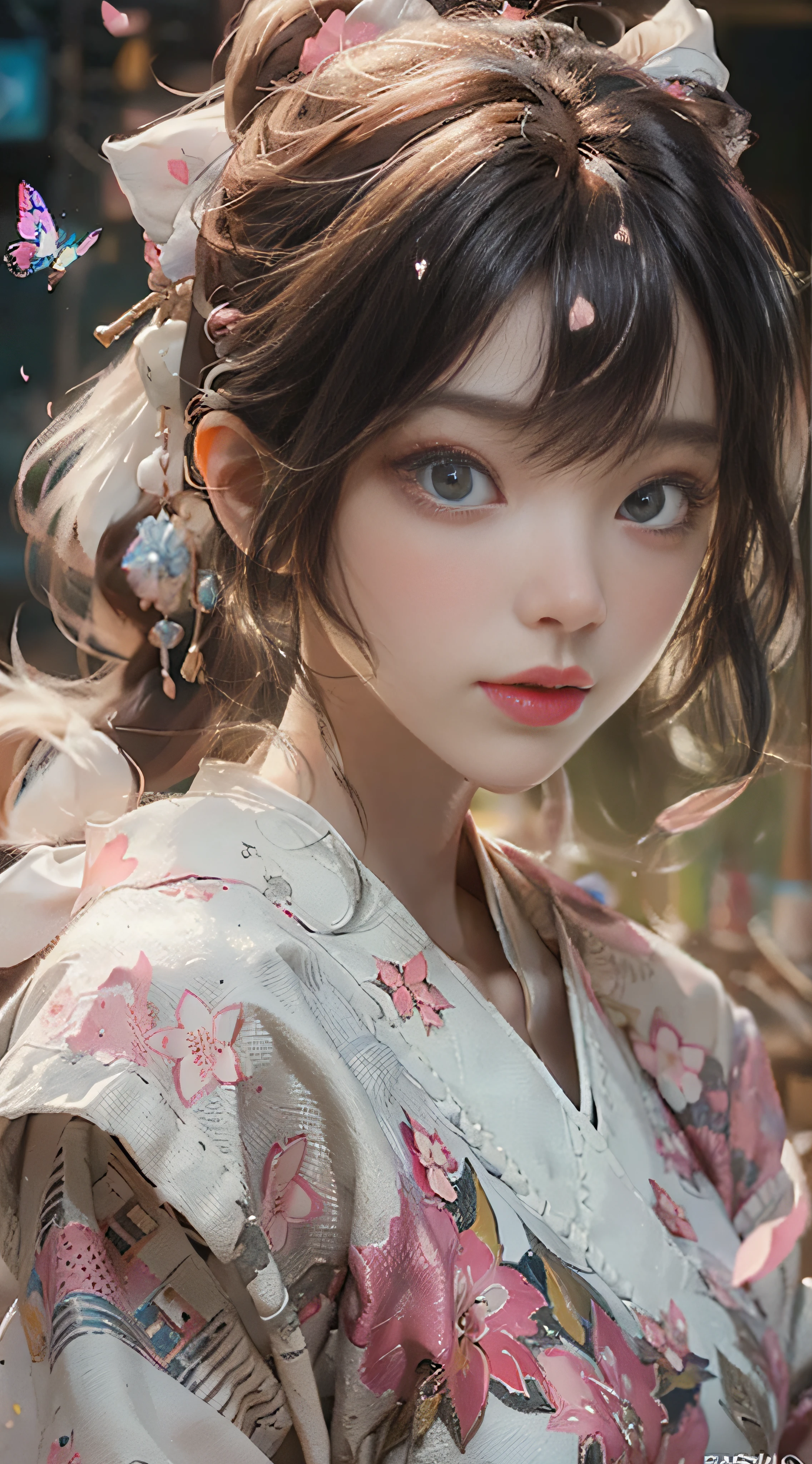 ((Best Quality)), ((Masterpiece)), (Detail: 1.4), 3D, Beautiful Cyberpunk Female Image, HDR (High Dynamic Range), Ray Tracing, NVIDIA RTX, Super Resolution, Unreal 5, Subsurface Scattering, PBR Texture, Post-Processing, Anisotropic Filtering, Depth of Field, Maximum Sharpness and Sharpness, Multi-layer Texture, Albedo and Highlight Mapping, Surface Coloring, Mitsu-Accurate Simulation of Material Interactions, Perfect Proportions, Octane Rendering, Two-color Light, Large Aperture, Low ISO, white balance, regular three-point, 8K RAW, beautiful bright pupils, flowing robe, fine pupils, delicate face and eyes, long eyelashes, blush, fluffy hair, pink lips, pure, cute, cherry blossom petals falling, butterflies, casual wear
