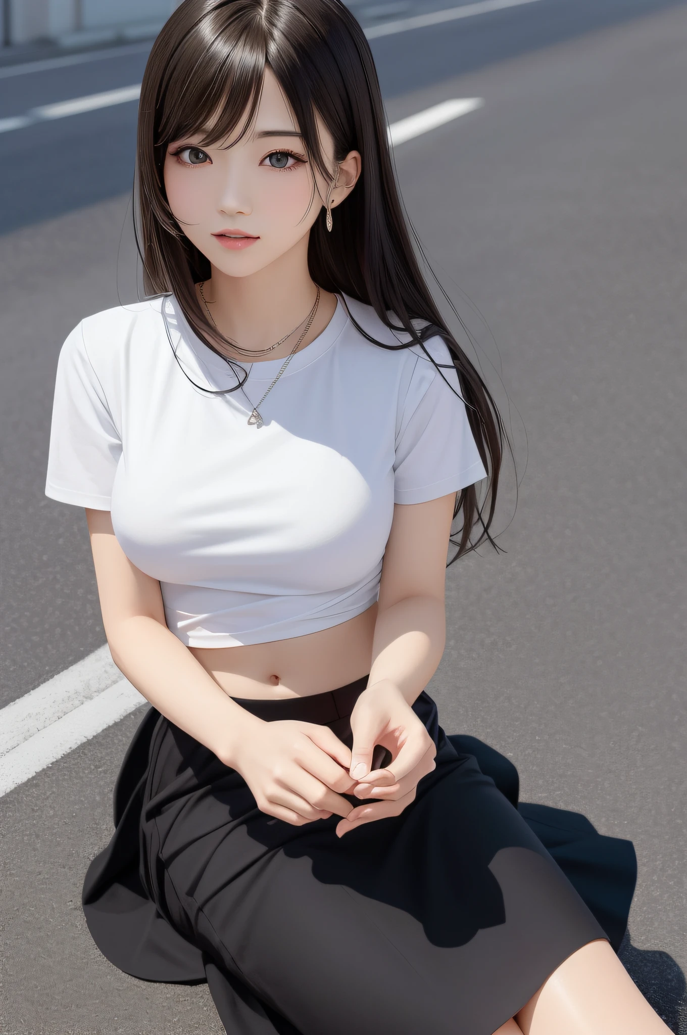 (Top Quality, Masterpiece: 1.1), (Real: 1.4), BREAK (((FF7))) (((Tifa))),solo,1girl,Ultra-detailed face, Detailed eyes,((Light Brown Hair, Large breasts: 1.2)),(outside, street, Tokyo), 　BREAK (white t-shirt, tight skirt,(very long skirt:1.2)),(No Bra)  (Small and beautiful hard nipple), clothed,(shiny oiled skin: 1.4), about 18 years old,
