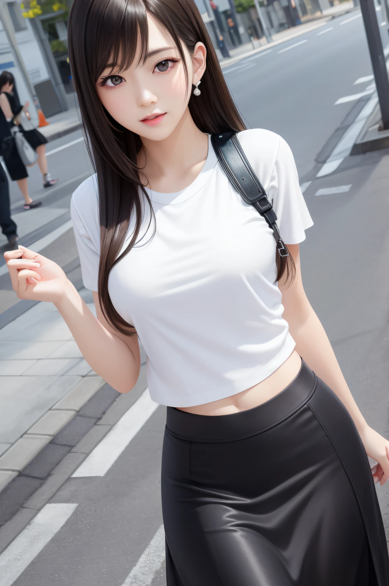 (Top Quality, Masterpiece: 1.1), (Real: 1.4), BREAK (((FF7))) (((Tifa))),solo,1girl,Ultra-detailed face, Detailed eyes,((Light Brown Hair, Large breasts: 1.2)),(outside, street, Tokyo), BREAK (white t-shirt, tight skirt,(very long skirt:1.2)),(No Bra) (Small and beautiful hard nipple), clothed,(shiny oiled skin: 1.4), about 18 years old,