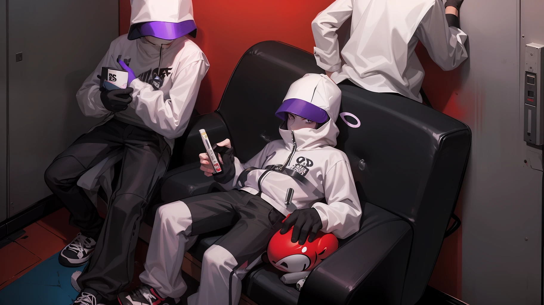 There are 2 boys with white skin, full body, in a hall black pants, white sneakers, face with empty countenance, smug smile, spiteful look, well detailed face, thin, environment with walls spray-painted smoke, purple hue, cigarettes, drinks, money, gangster, hip hop style, akira style, simplistic and cartoonish, rap album, album cover, 2D, unreal, graffiti style, simplistic, Akira art style, cartoon style illustration, random artist, simple cartoon style, world on fire, purple universe, best quality, HD