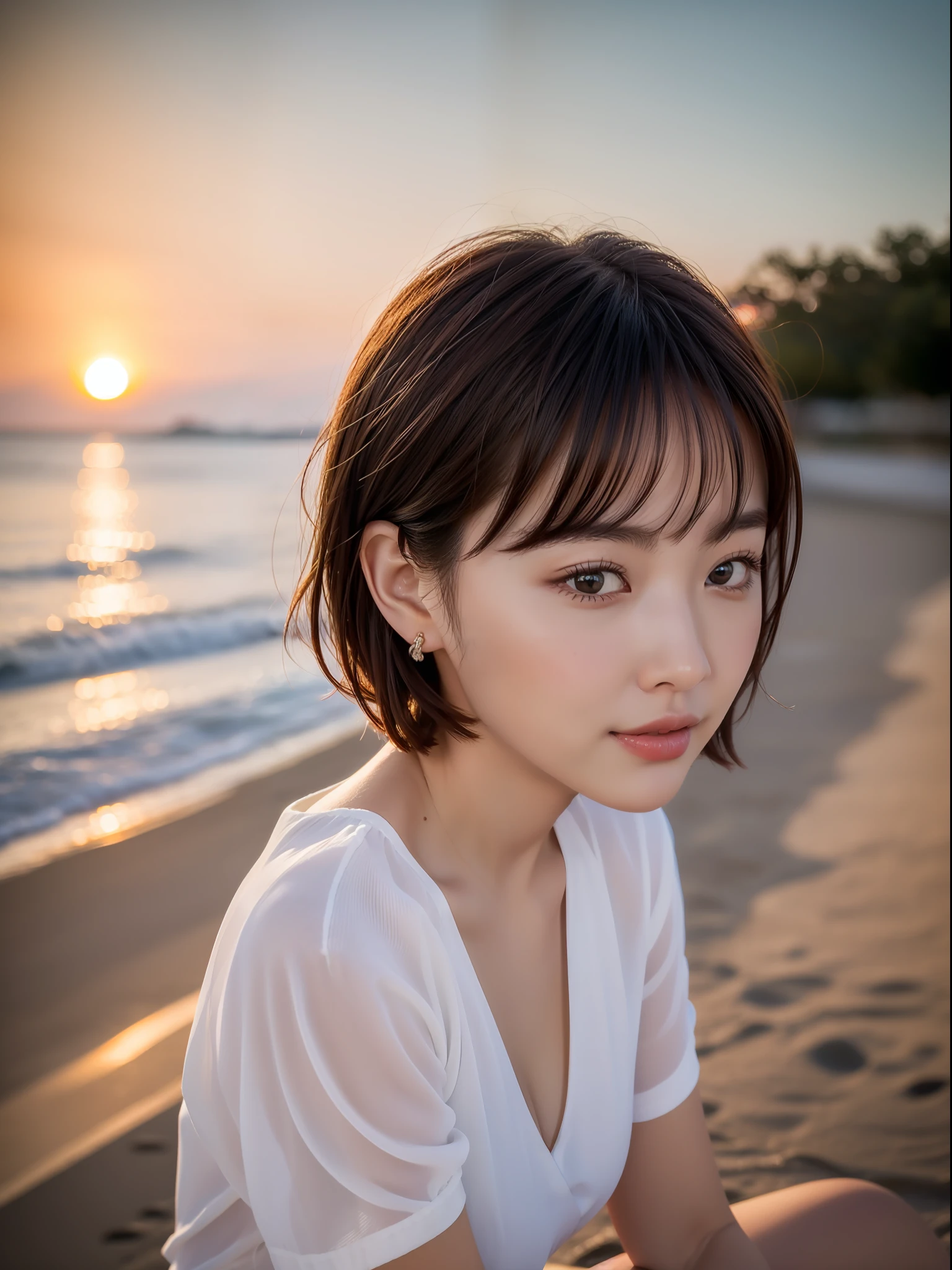 ((top quality, 8k, masterpiece: 1.3, raw photo)), Sharp Focus: 1.2, (1 aespa girl: 1.2), (Realistic, Photorealistic: 1.37), (face focus: 1.1), cute face, tenderness, small breasts, flat breasts, short messy hair, white shirt, beautiful woman sitting by the seaside at sunset, sunlight, movie lighting